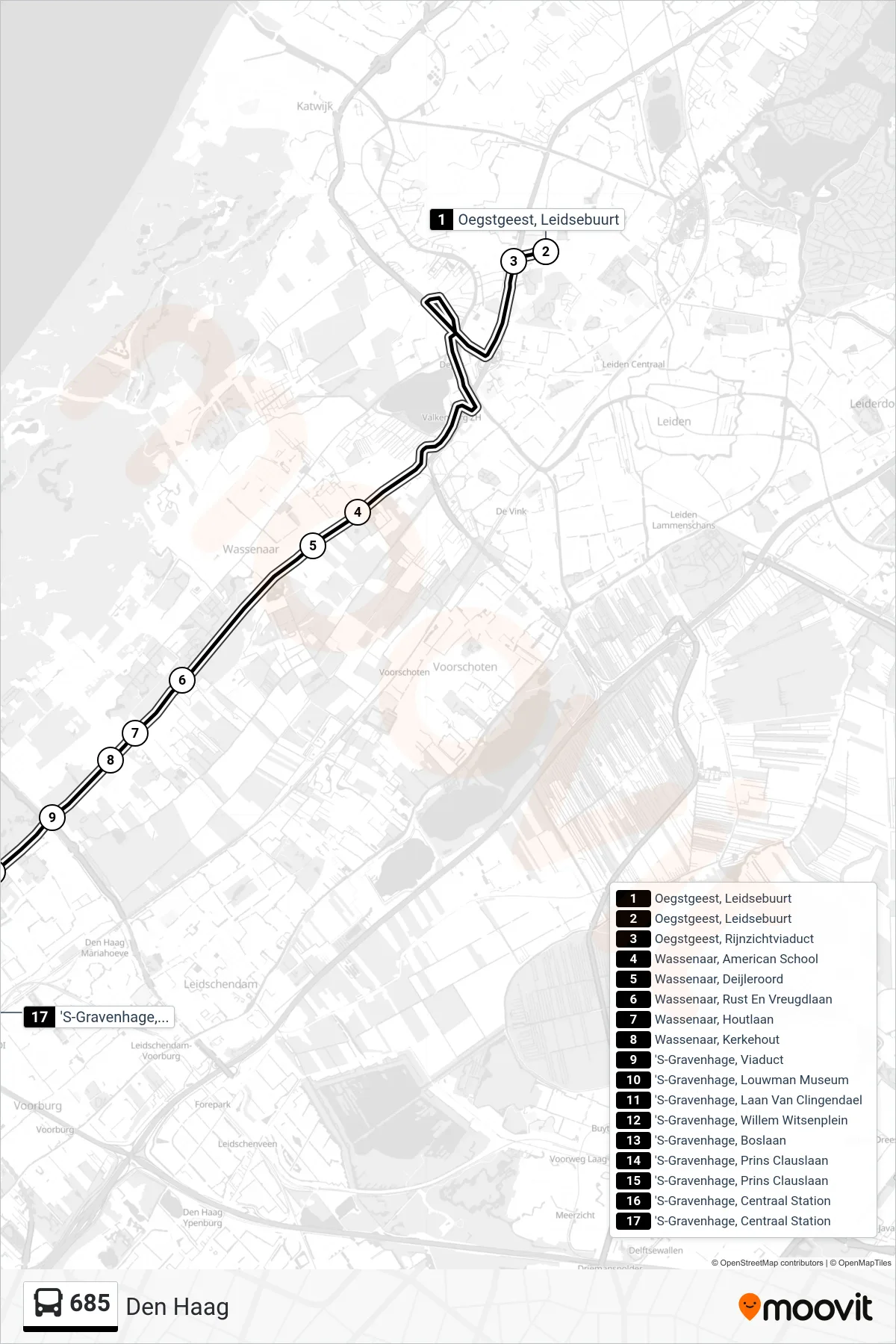 Lijn 685 (bus, Den Haag): route en haltes op de kaart