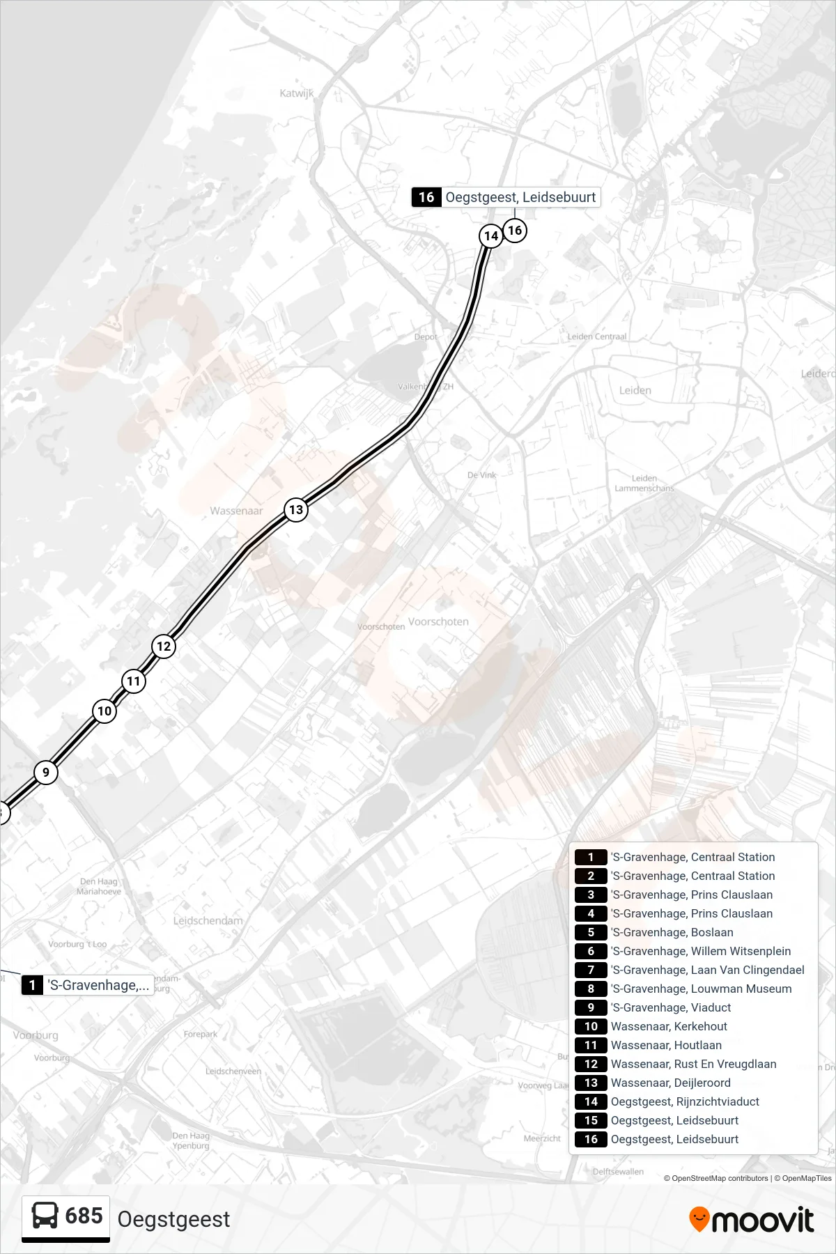 685 bus Line (Oegstgeest) route and stops on a map