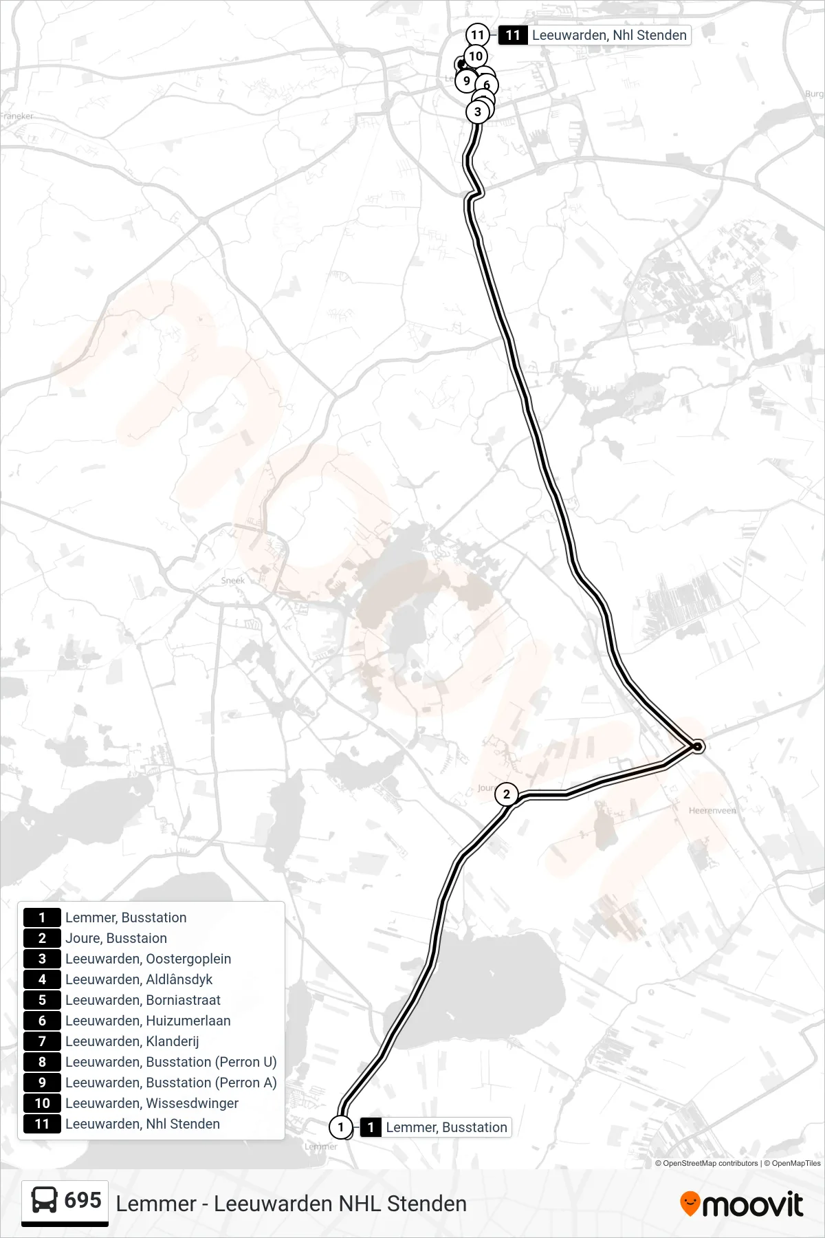 Lijn 695 (bus, Leeuwarden): route en haltes op de kaart