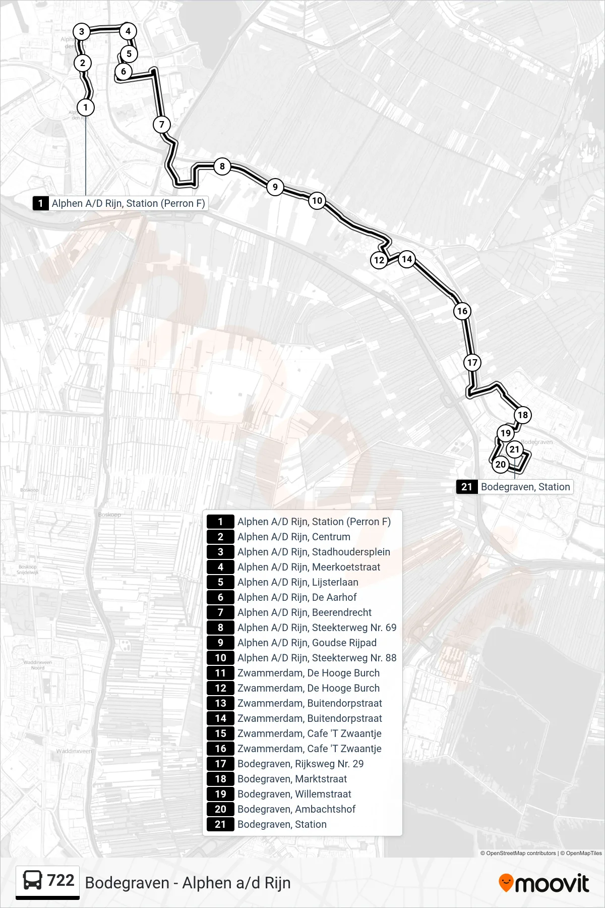 722 bus Line (Bodegraven) route and stops on a map