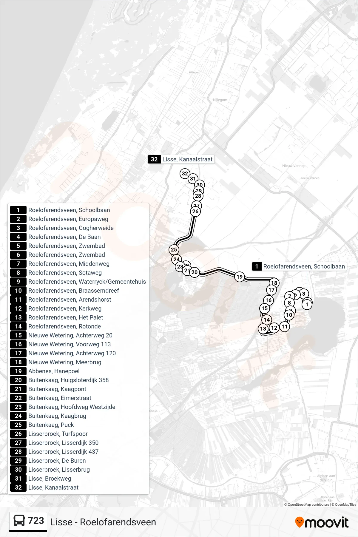 Lijn 723 (bus, Lisse): route en haltes op de kaart