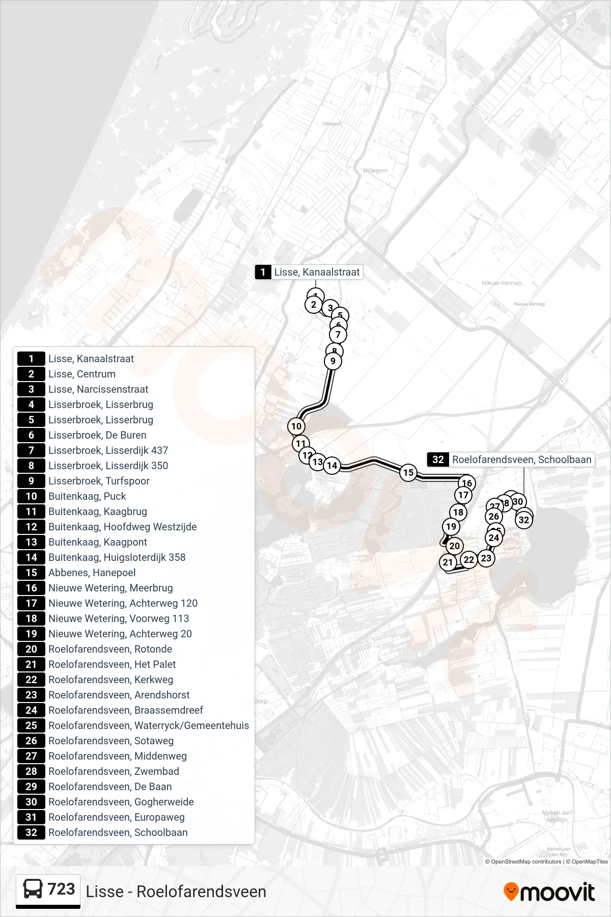 723 bus Line (Roelofarendsveen) route and stops on a map