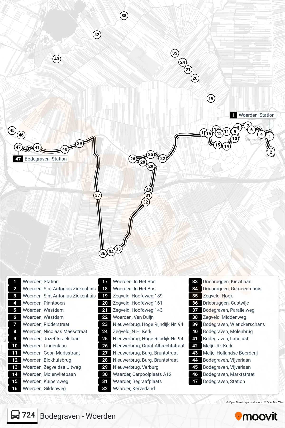 Lijn 724 (bus, Bodegraven): route en haltes op de kaart