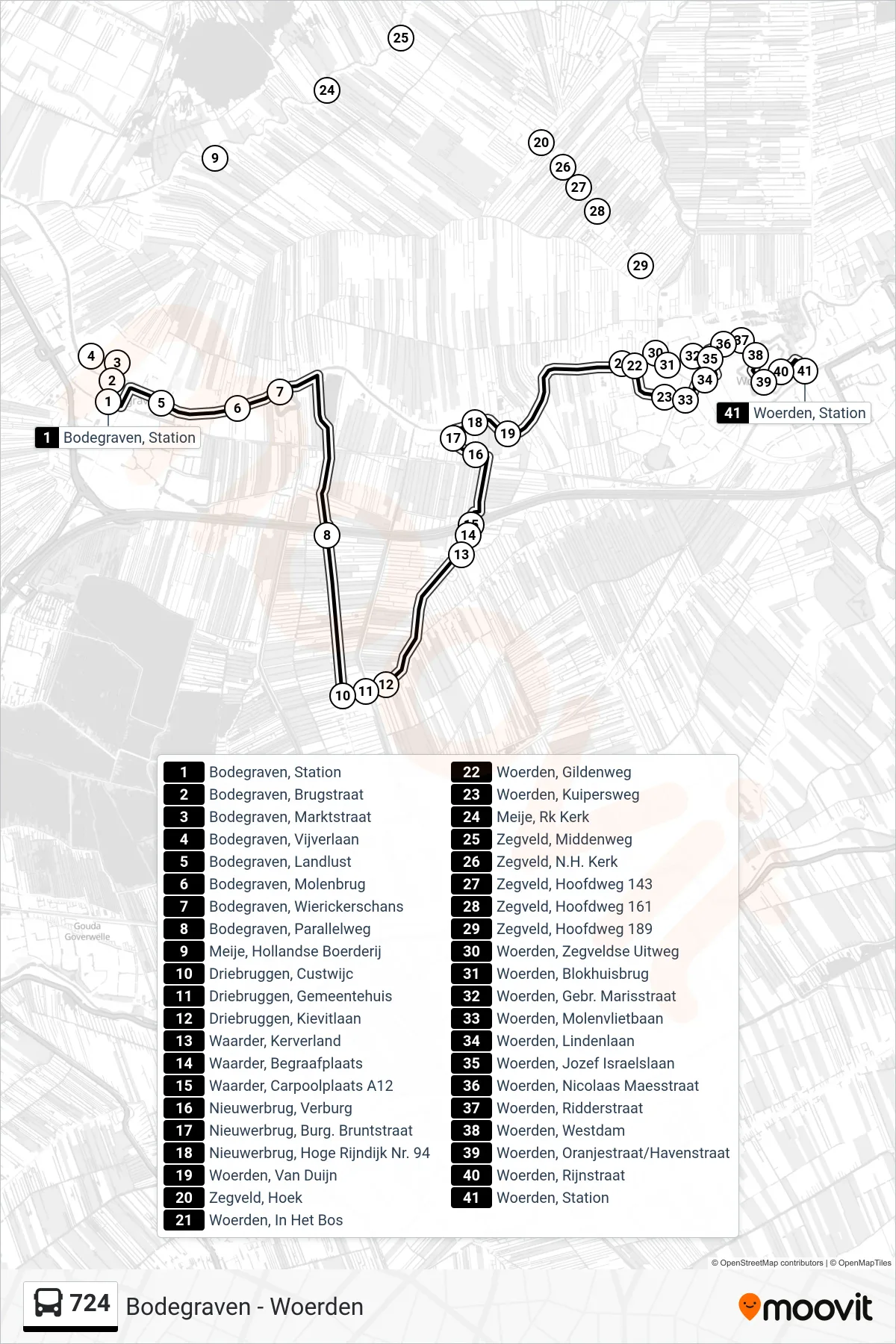 724 bus Line (Woerden) route and stops on a map