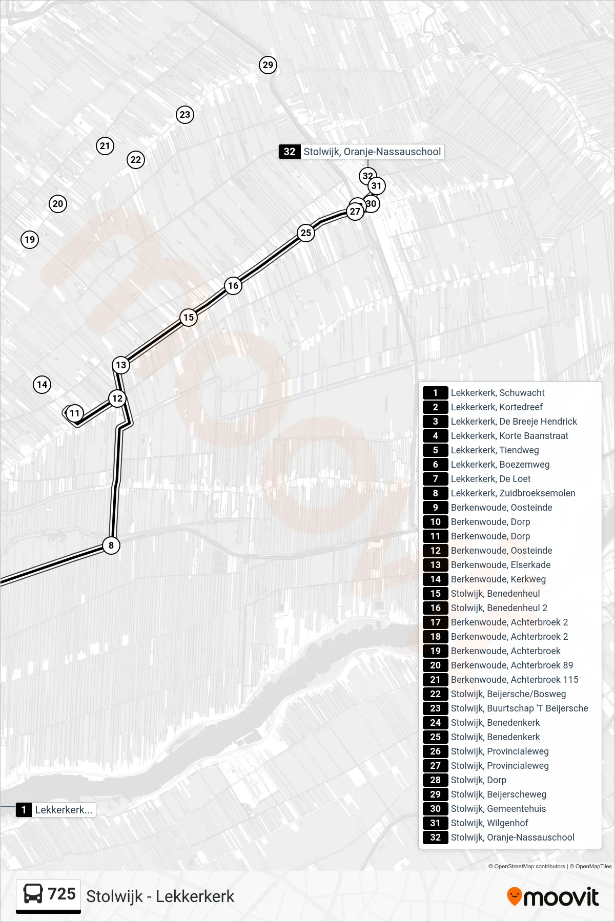 Lijn 725 (bus, Stolwijk): route en haltes op de kaart