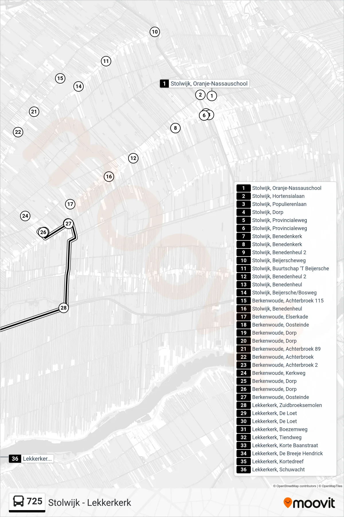 Lijn 725 (bus, Lekkerkerk): route en haltes op de kaart