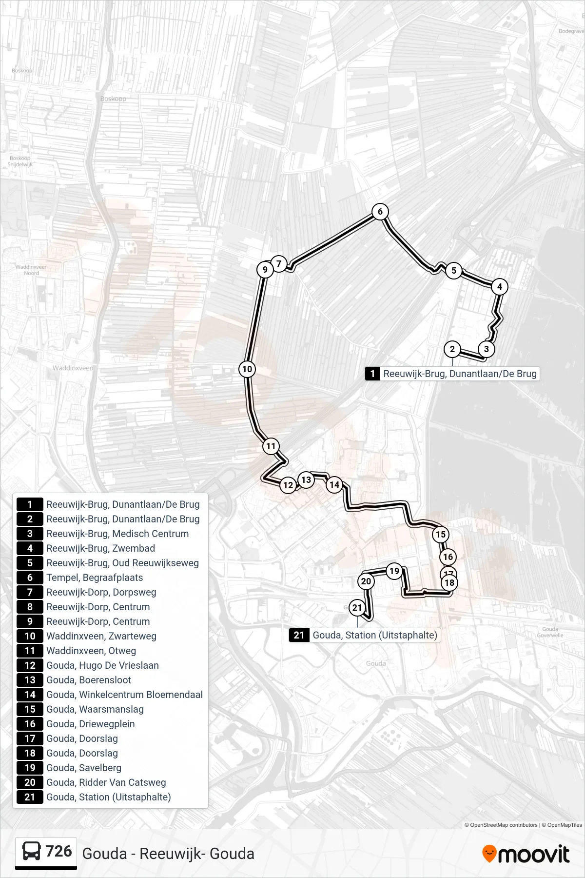 726 bus Line (Gouda) route and stops on a map