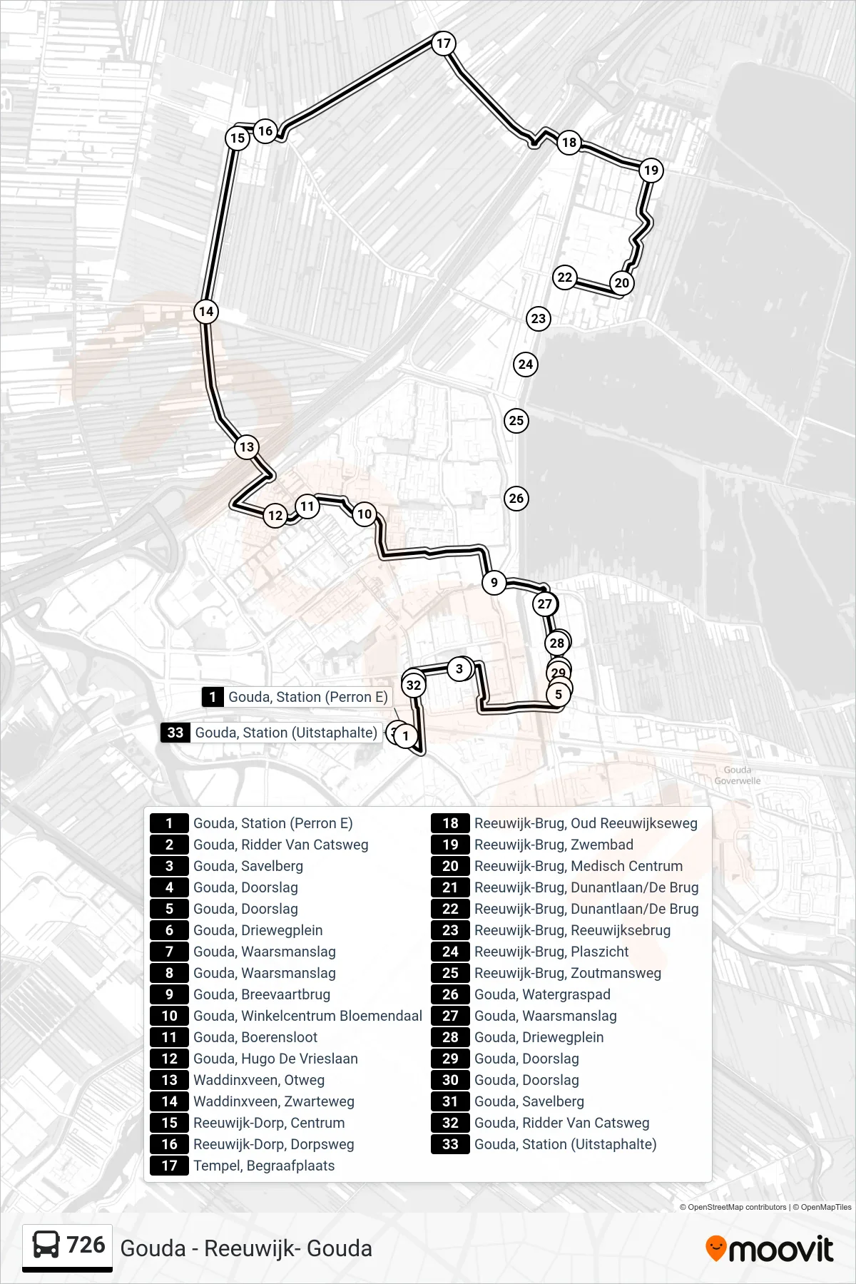 Lijn 726 (bus, Reeuwijk-Brug): route en haltes op de kaart