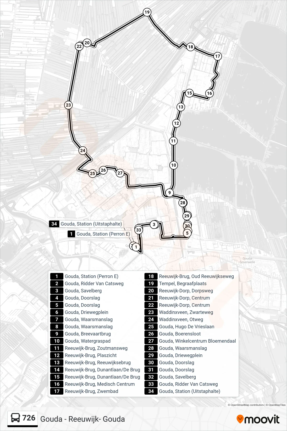 Lijn 726 (bus, Reeuwijk-Dorp): route en haltes op de kaart
