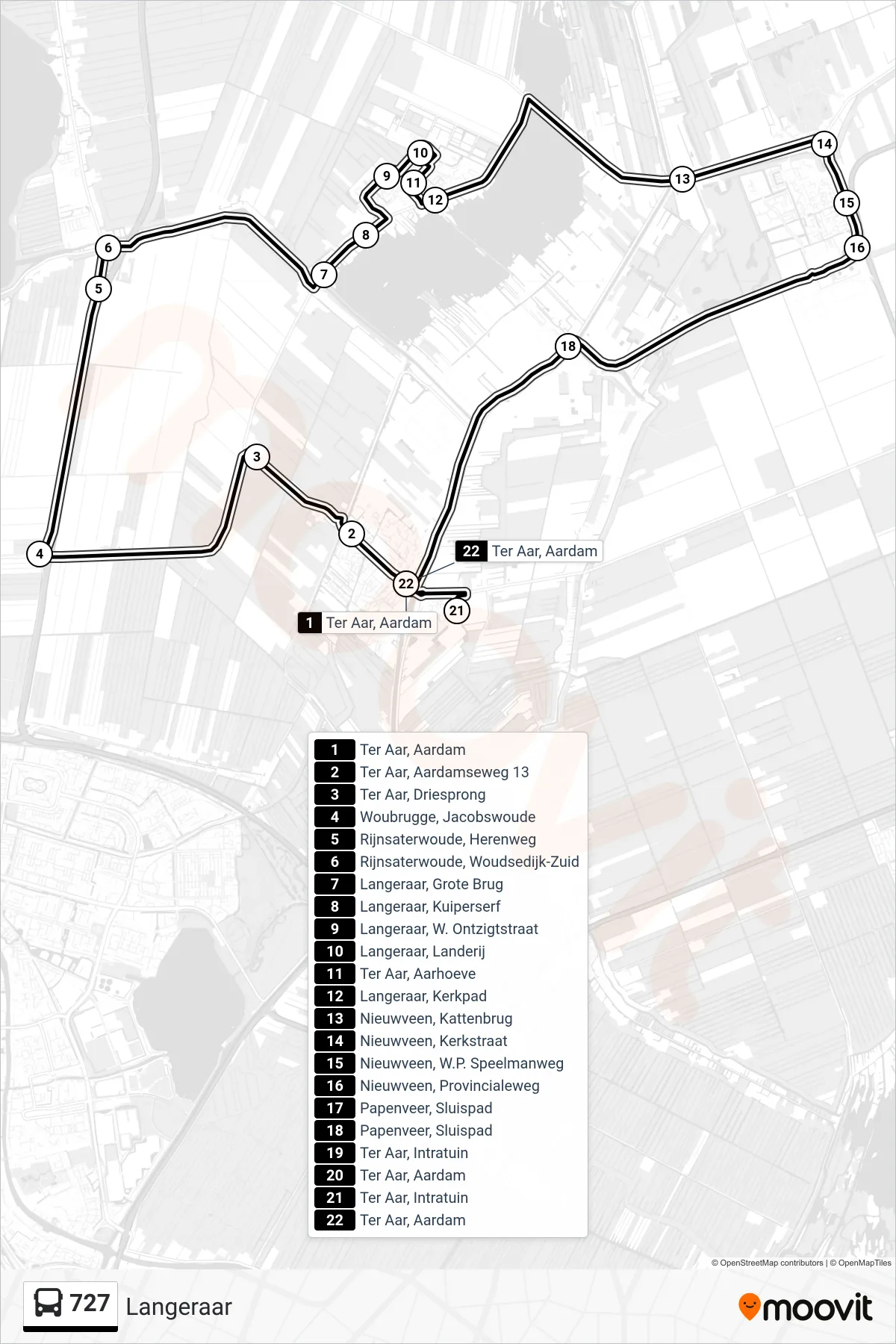 Lijn 727 (bus, Langeraar): route en haltes op de kaart