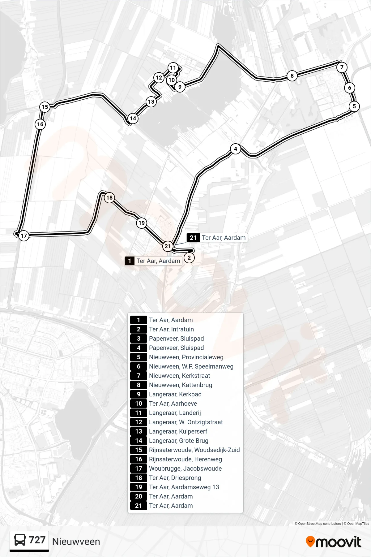 Lijn 727 (bus, Nieuwveen): route en haltes op de kaart