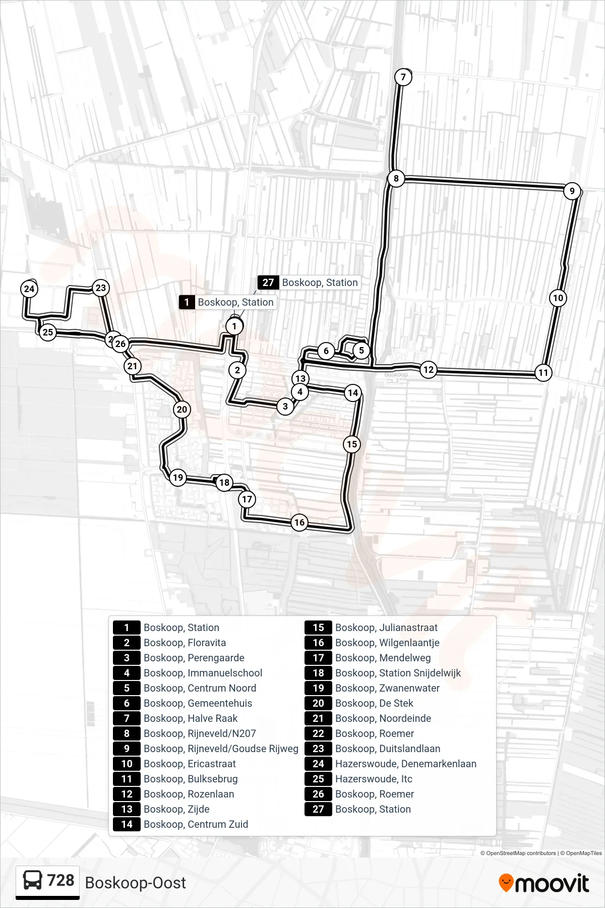 Lijn 728 (bus, Boskoop-Oost): route en haltes op de kaart