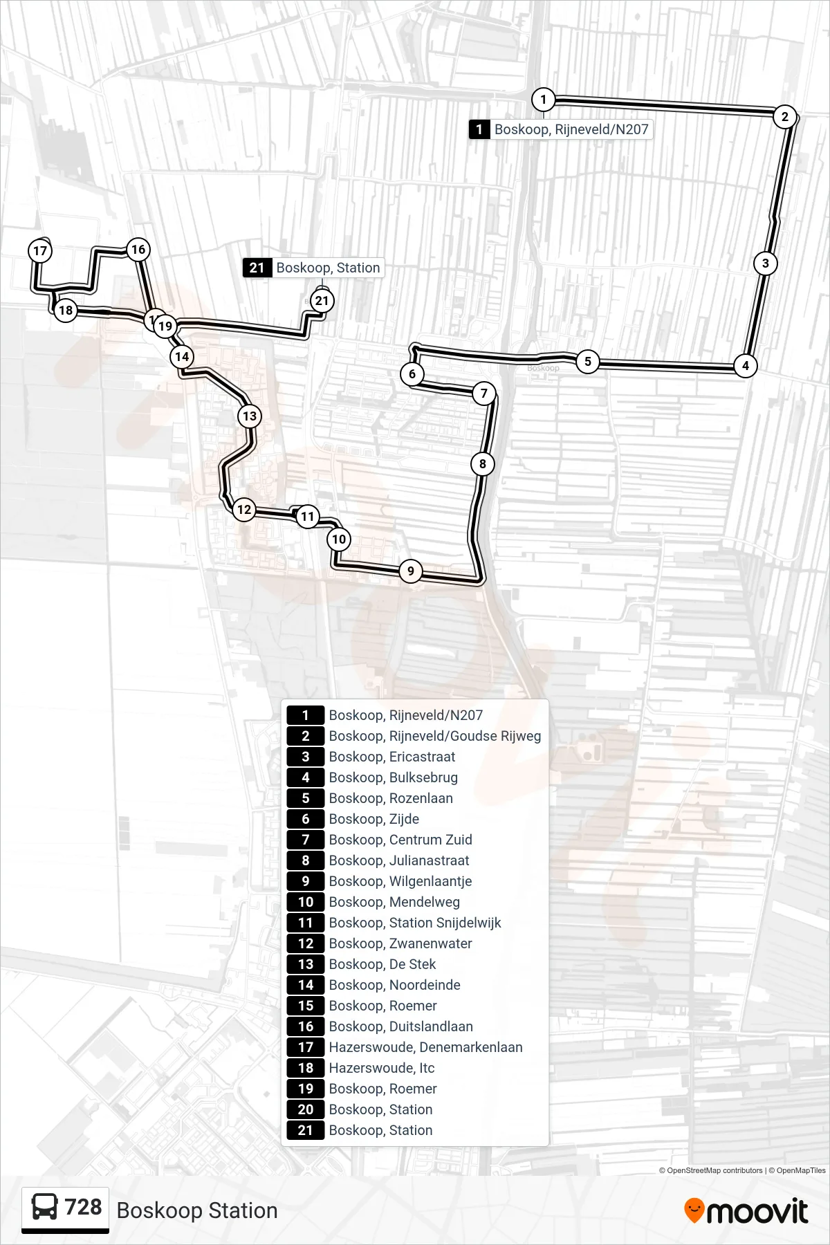 Lijn 728 (bus, Boskoop Station): route en haltes op de kaart