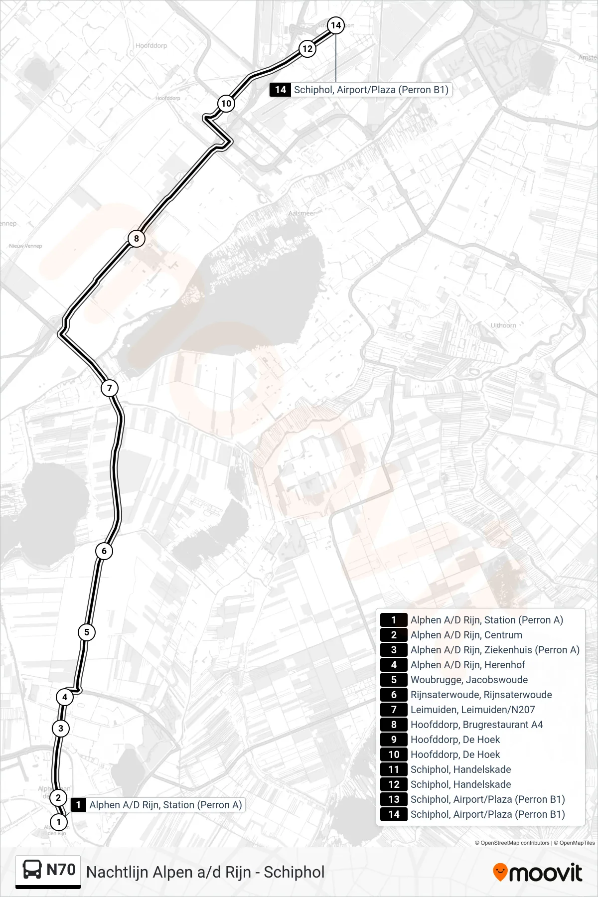 Lijn N70 (bus, Schiphol Airport): route en haltes op de kaart