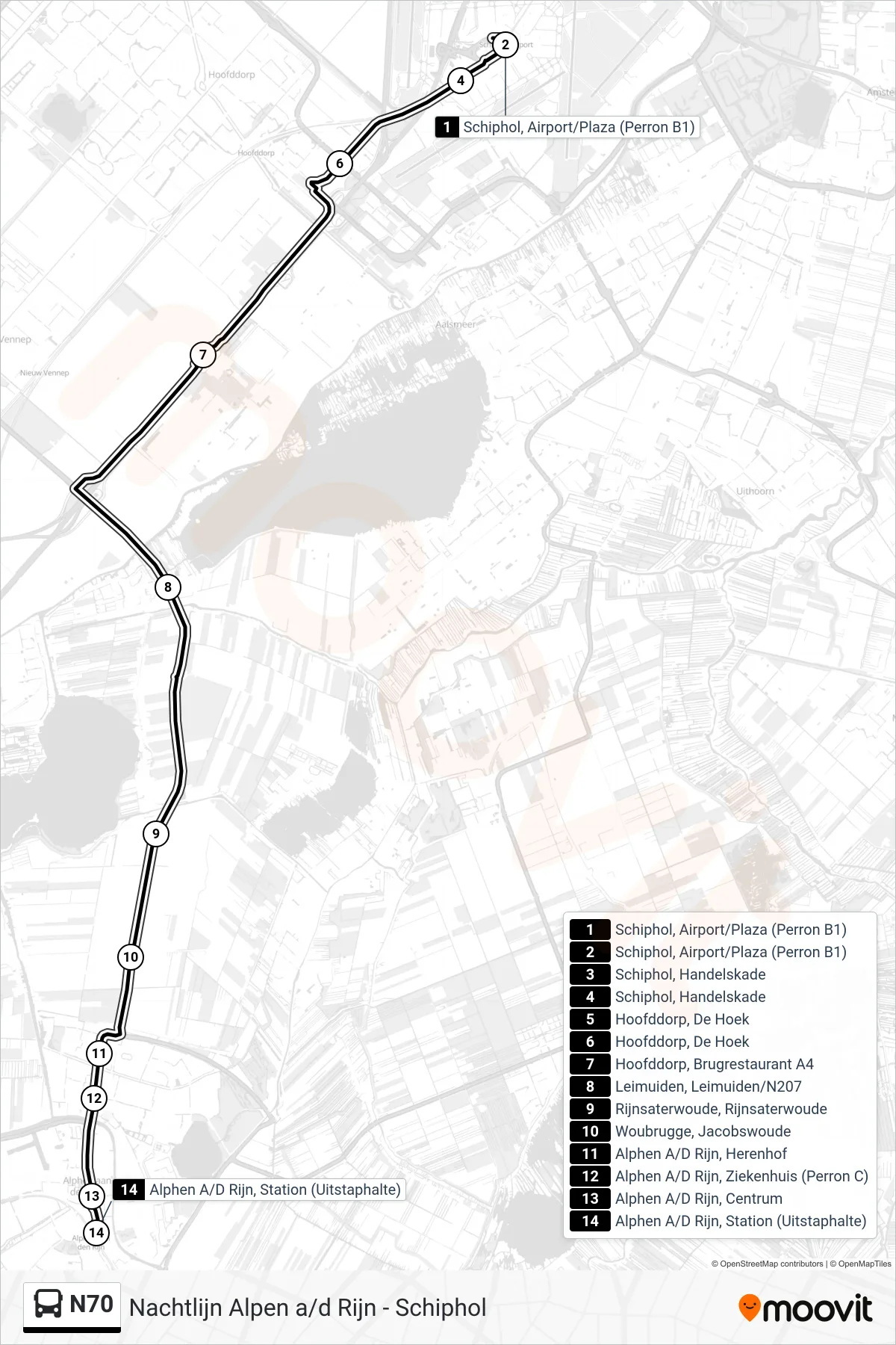 Lijn N70 (bus, Alphen A/D Rijn): route en haltes op de kaart