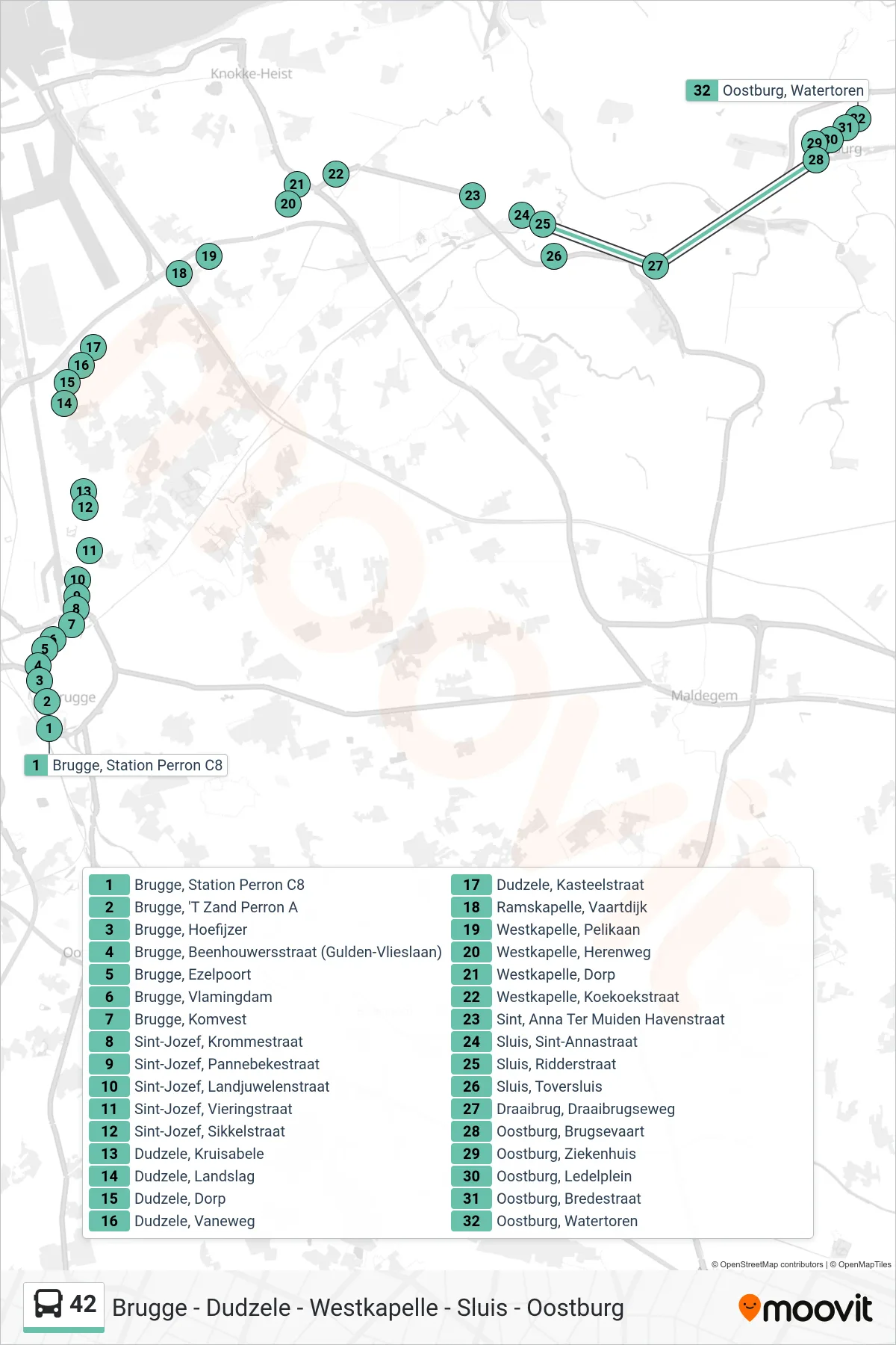 42 bus Line (Oostburg Watertoren) route and stops on a map