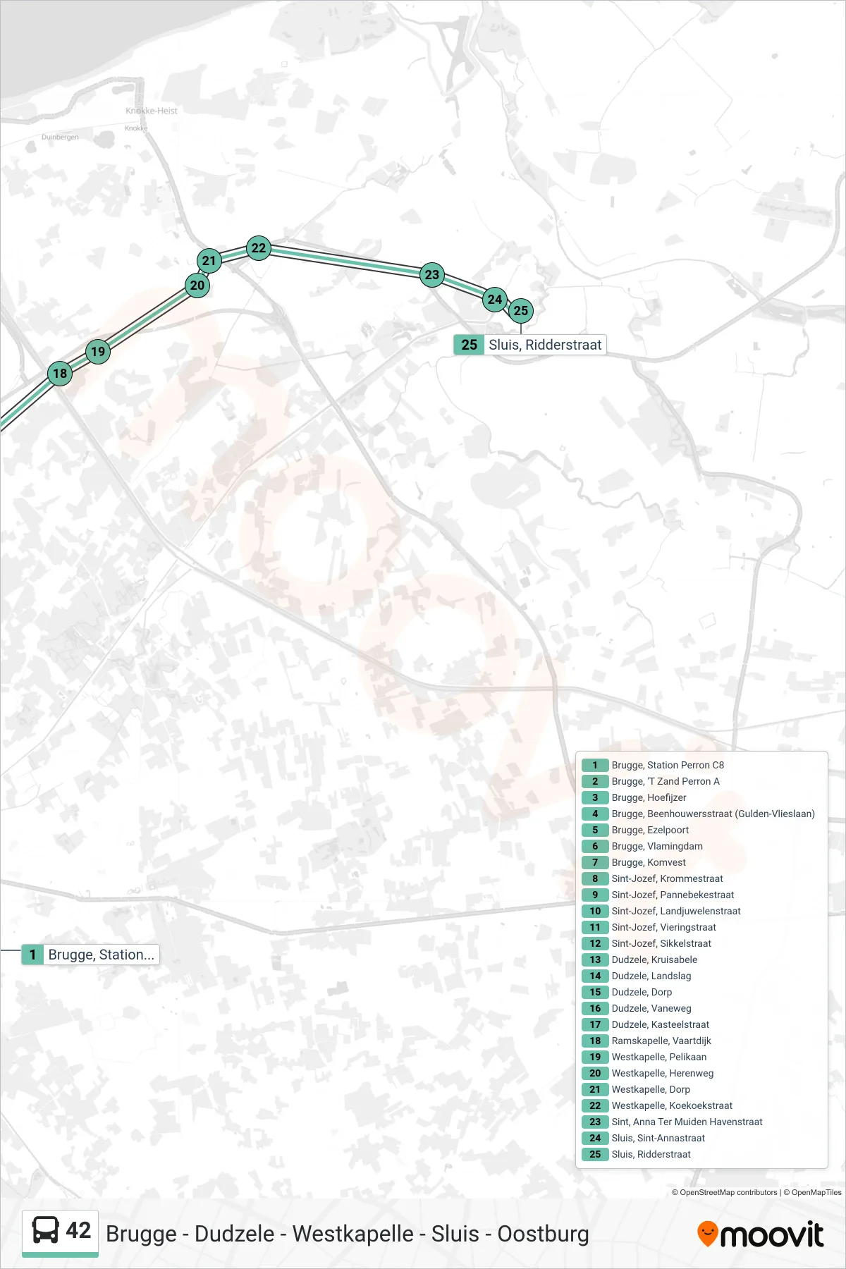 Lijn 42 (bus, Sluis Ridderstraat): route en haltes op de kaart