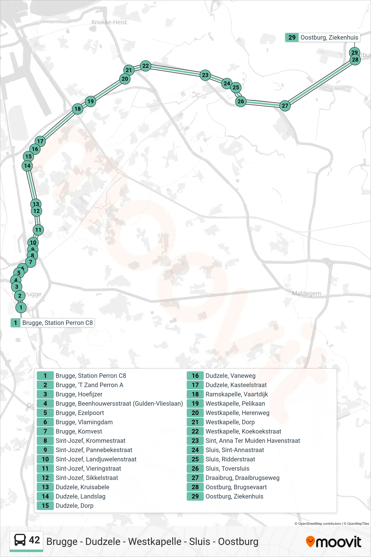 Lijn 42 (bus, Oostburg Ziekenhuis): route en haltes op de kaart