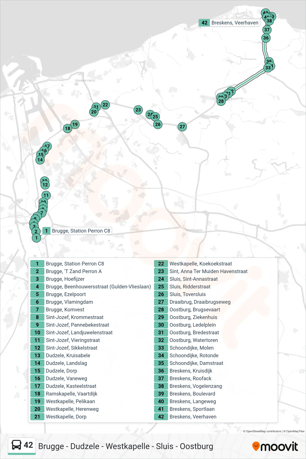 42 bus Line (Breskens Veerhaven) route and stops on a map