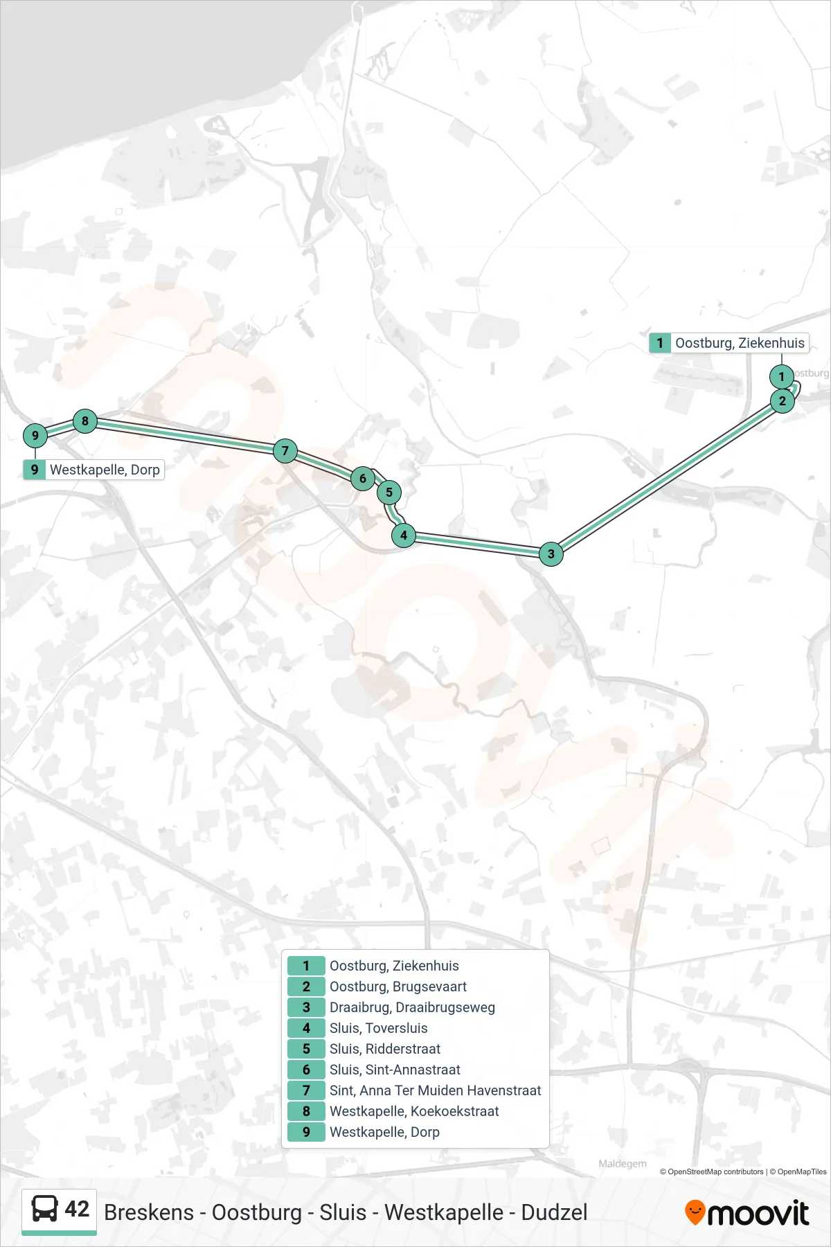 Lijn 42 (bus, Westkapelle Dorp): route en haltes op de kaart