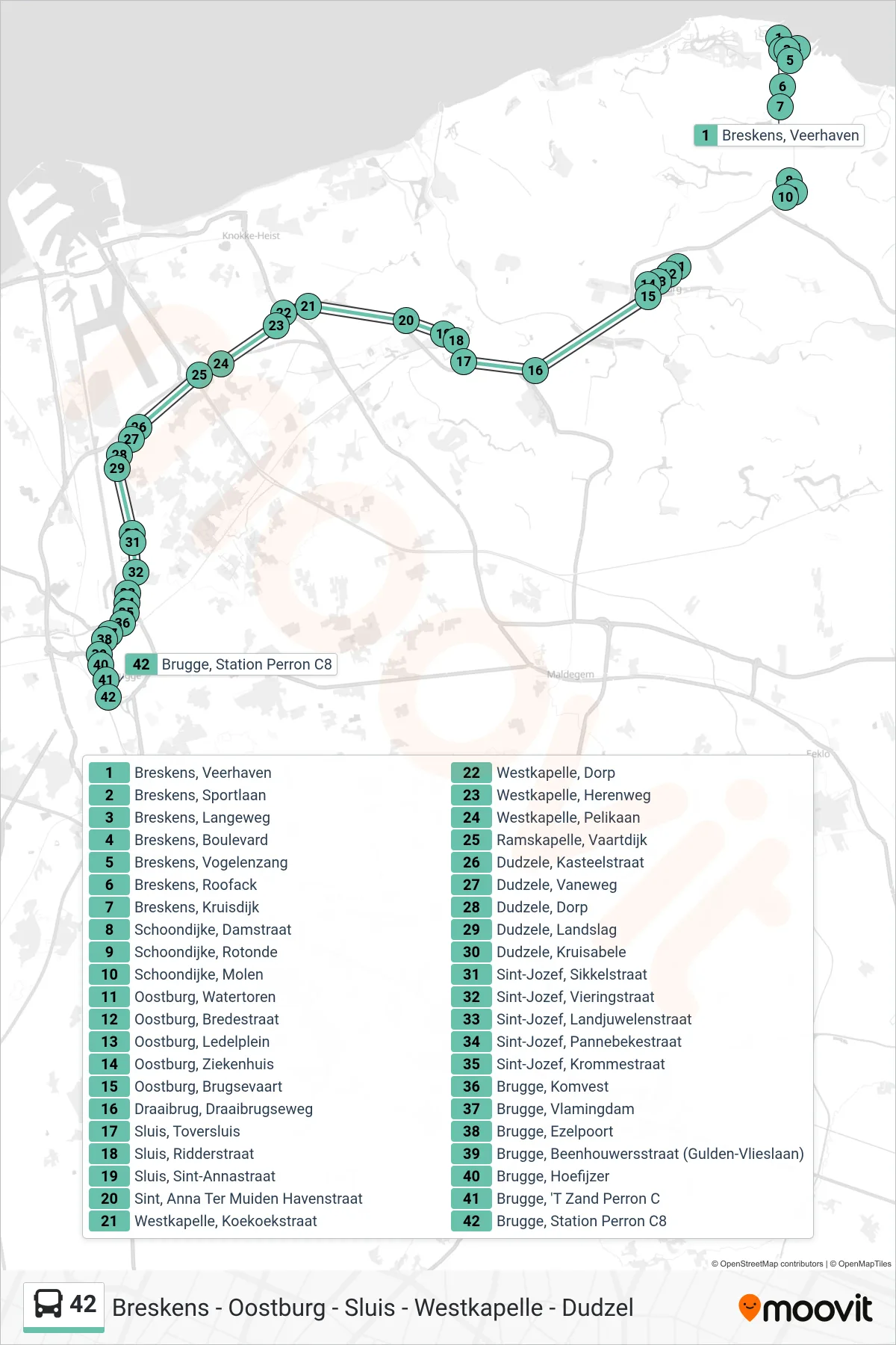 Lijn 42 (bus, Brugge Station Perron C8): route en haltes op de kaart