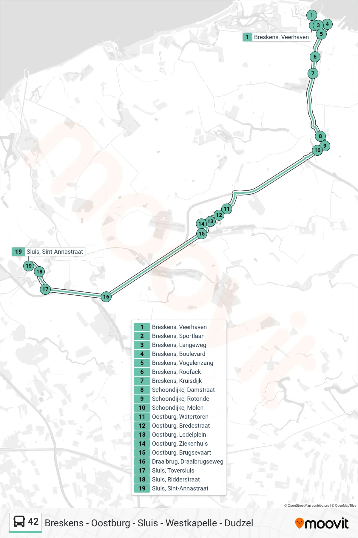42 bus Line (Sluis Sint-Annastraat) route and stops on a map