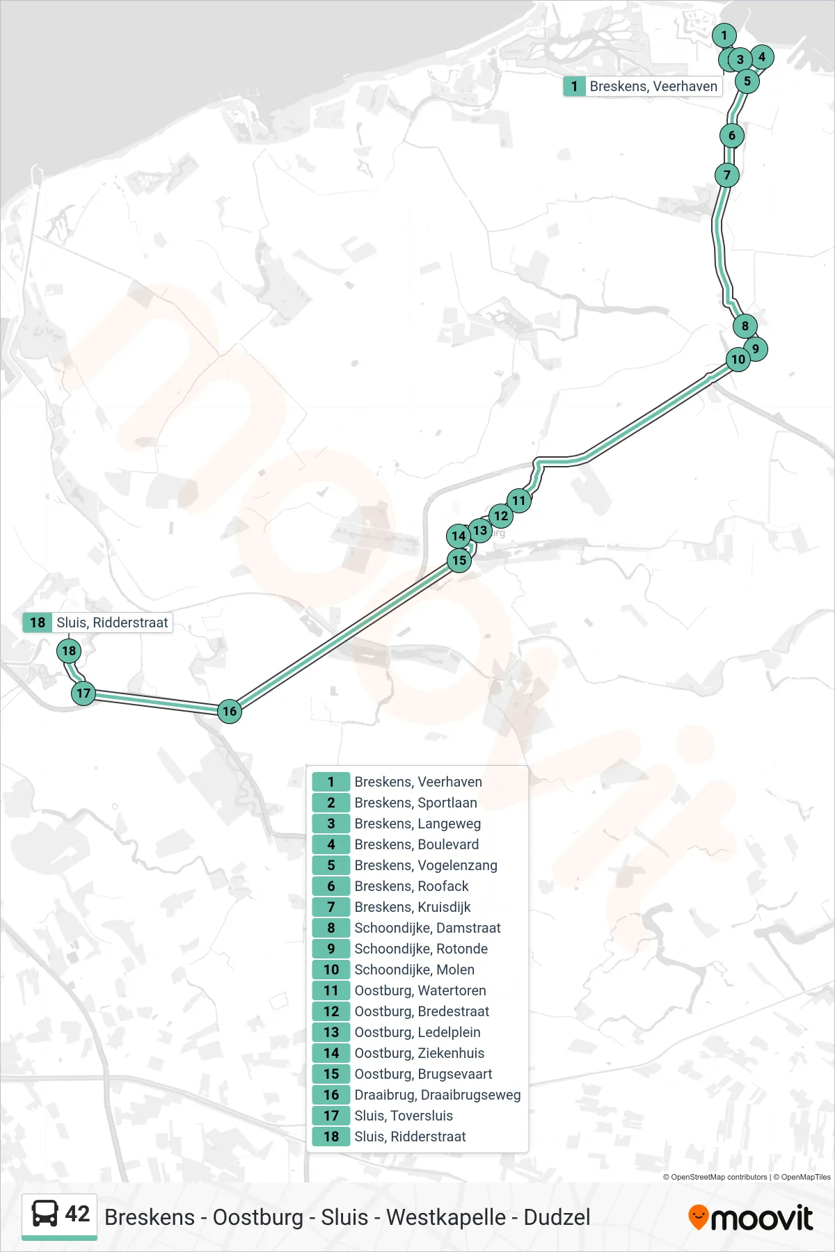 Lijn 42 (bus, Sluis Ridderstraat): route en haltes op de kaart