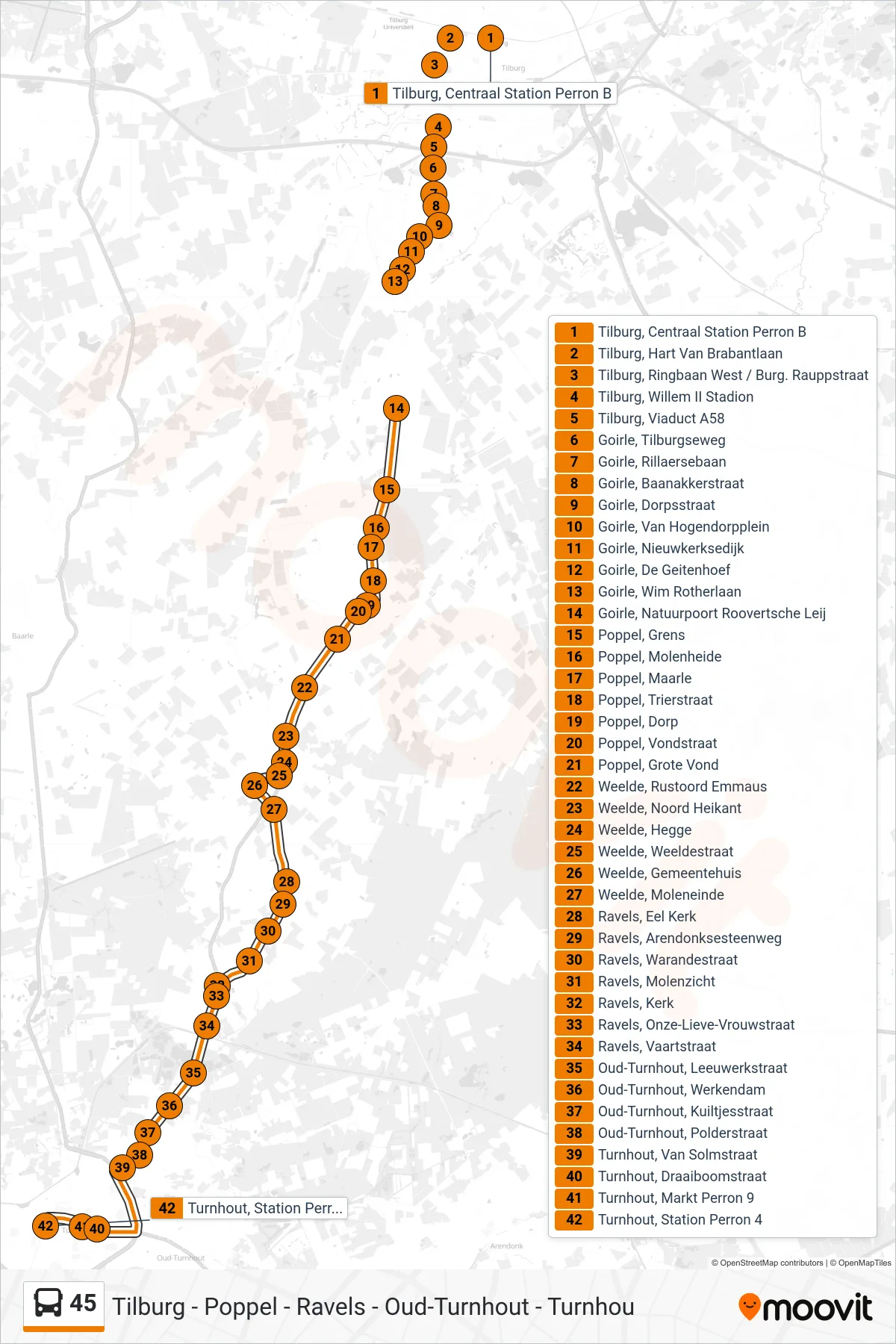 Lijn 45 (bus, Turnhout Station Perron 4): route en haltes op de kaart