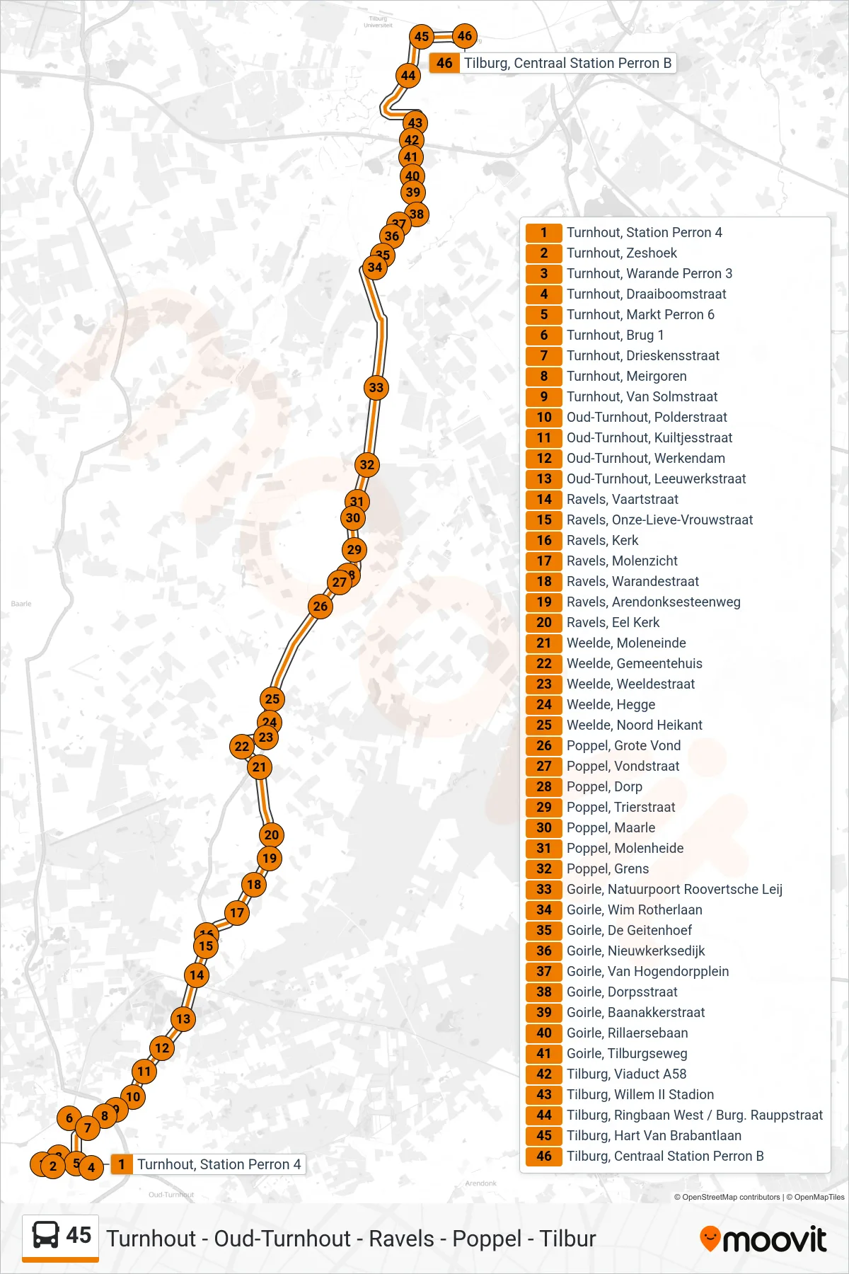 Lijn 45 (bus, Tilburg Centraal Station Perron B): route en haltes op de kaart