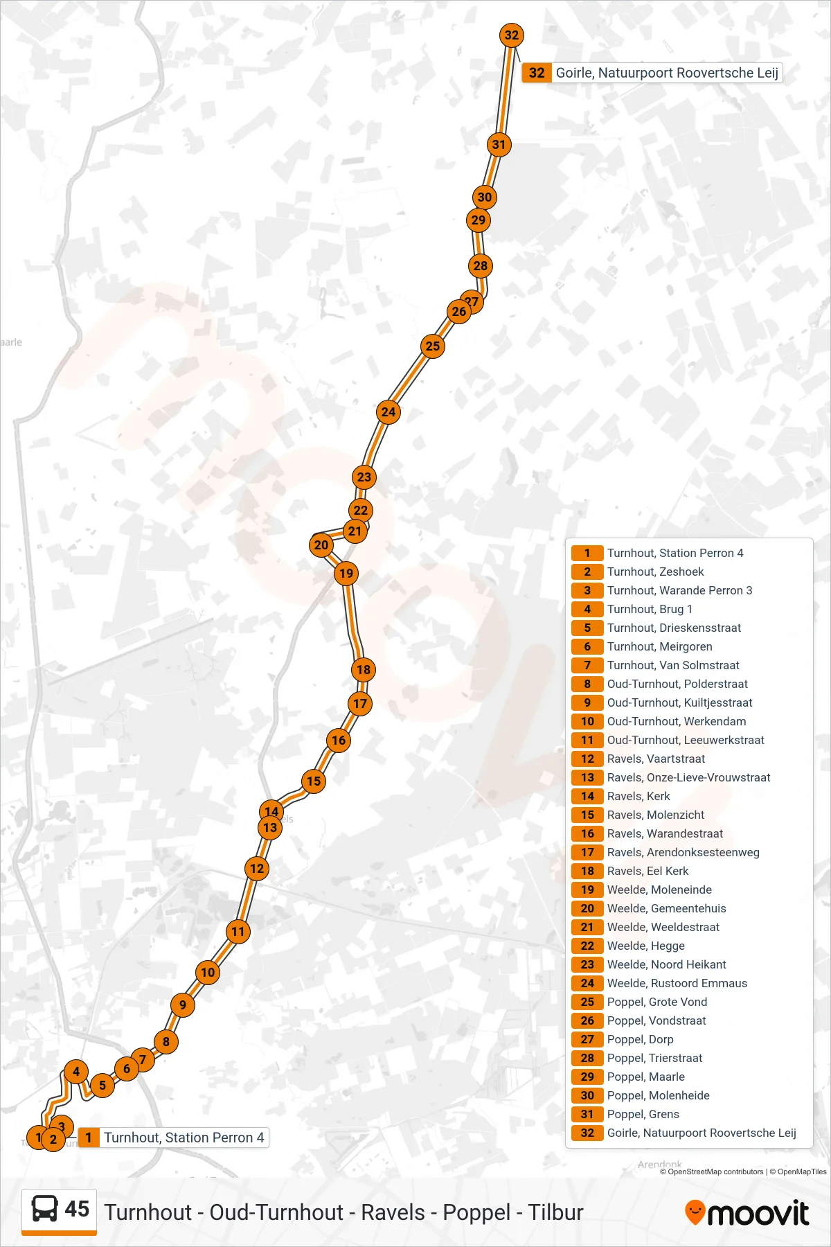 Lijn 45 (bus, Goirle Natuurpoort Roovertsche Leij): route en haltes op de kaart