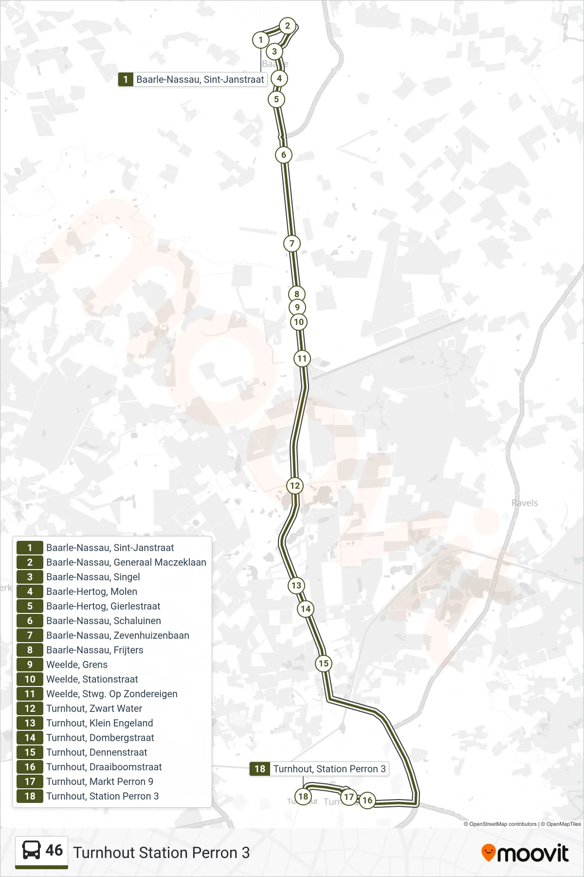 Lijn 46 (bus, Turnhout Station Perron 3): route en haltes op de kaart