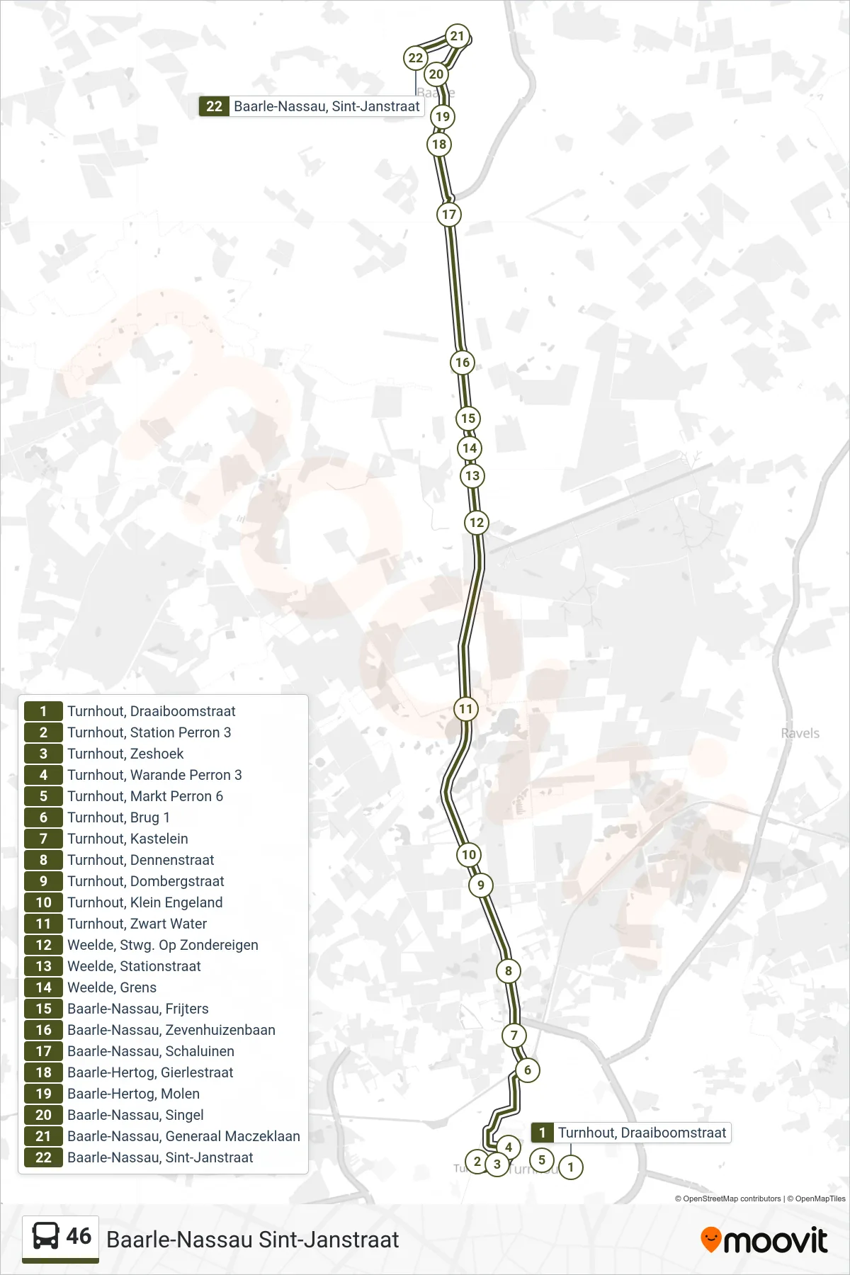 Lijn 46 (bus, Baarle-Nassau Sint-Janstraat): route en haltes op de kaart
