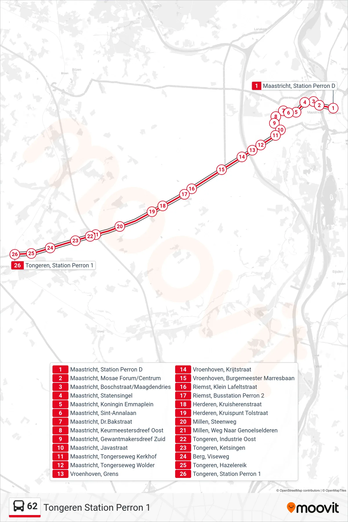 Lijn 62 (bus, Tongeren Station Perron 1): route en haltes op de kaart