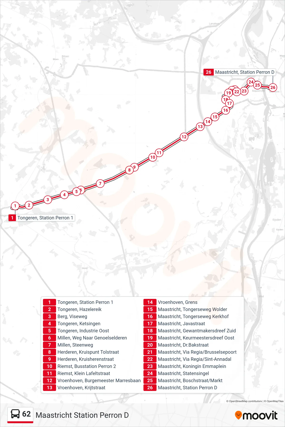 Lijn 62 (bus, Maastricht Station Perron D): route en haltes op de kaart