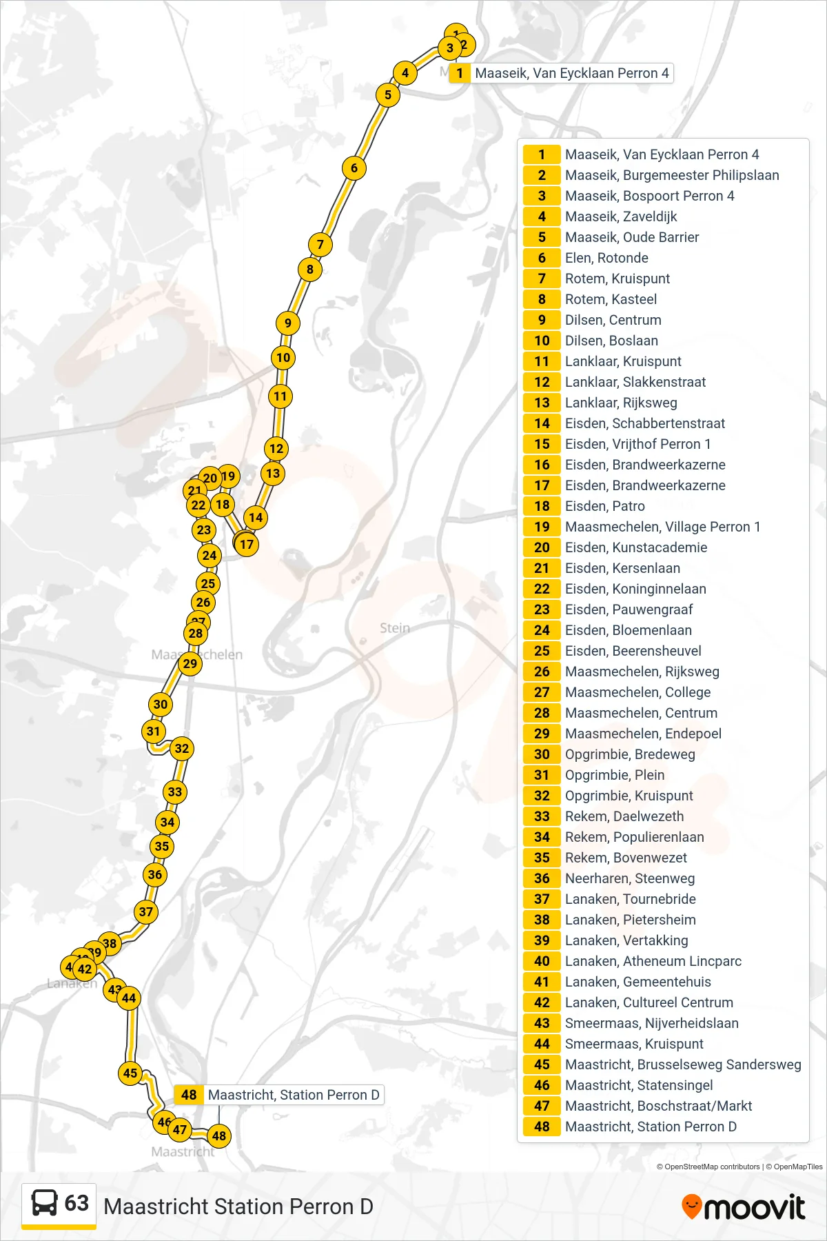 Lijn 63 (bus, Maastricht Station Perron D): route en haltes op de kaart