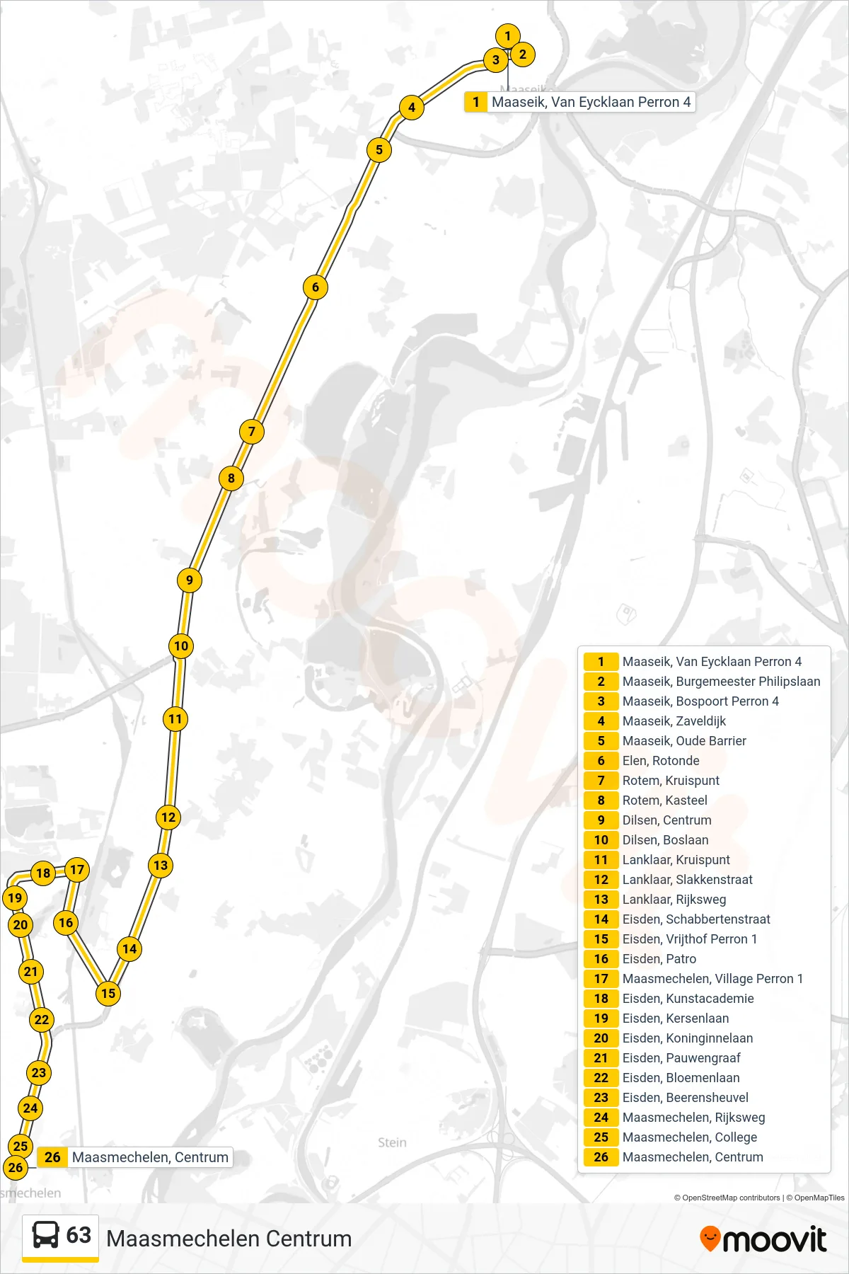 Lijn 63 (bus, Maasmechelen Centrum): route en haltes op de kaart
