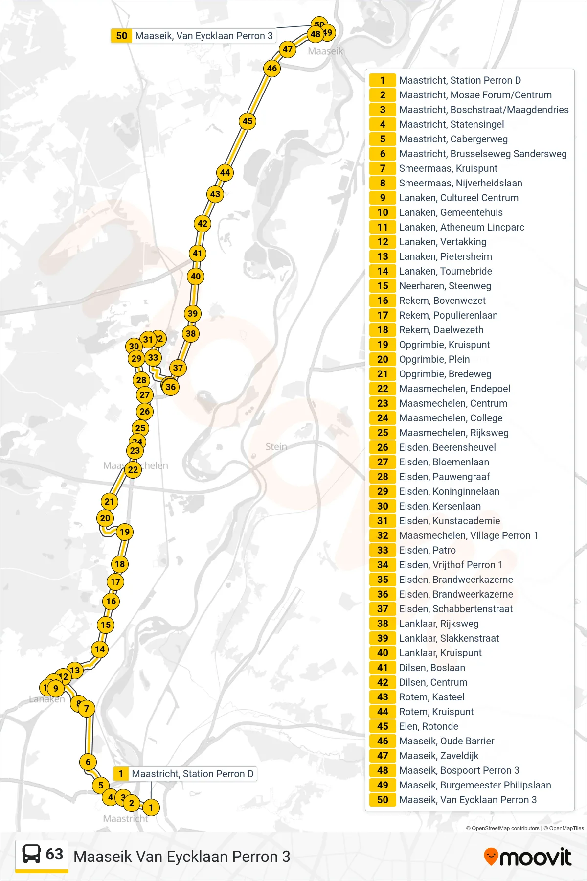 Lijn 63 (bus, Maaseik Van Eycklaan Perron 3): route en haltes op de kaart