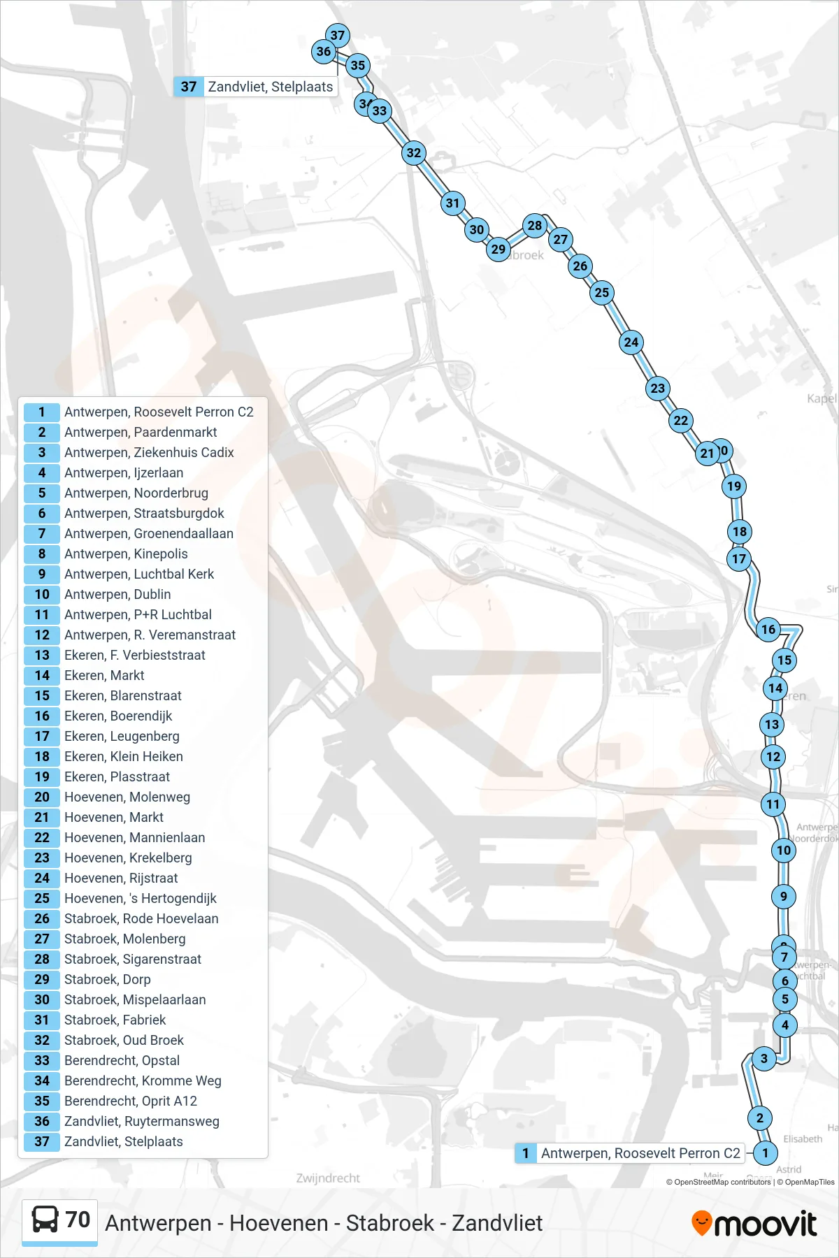 Lijn 70 (bus, Zandvliet Stelplaats): route en haltes op de kaart