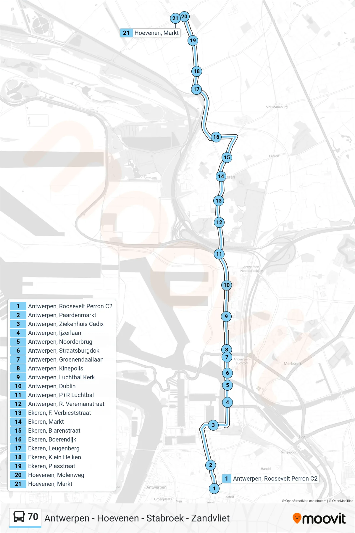 Lijn 70 (bus, Hoevenen Markt): route en haltes op de kaart