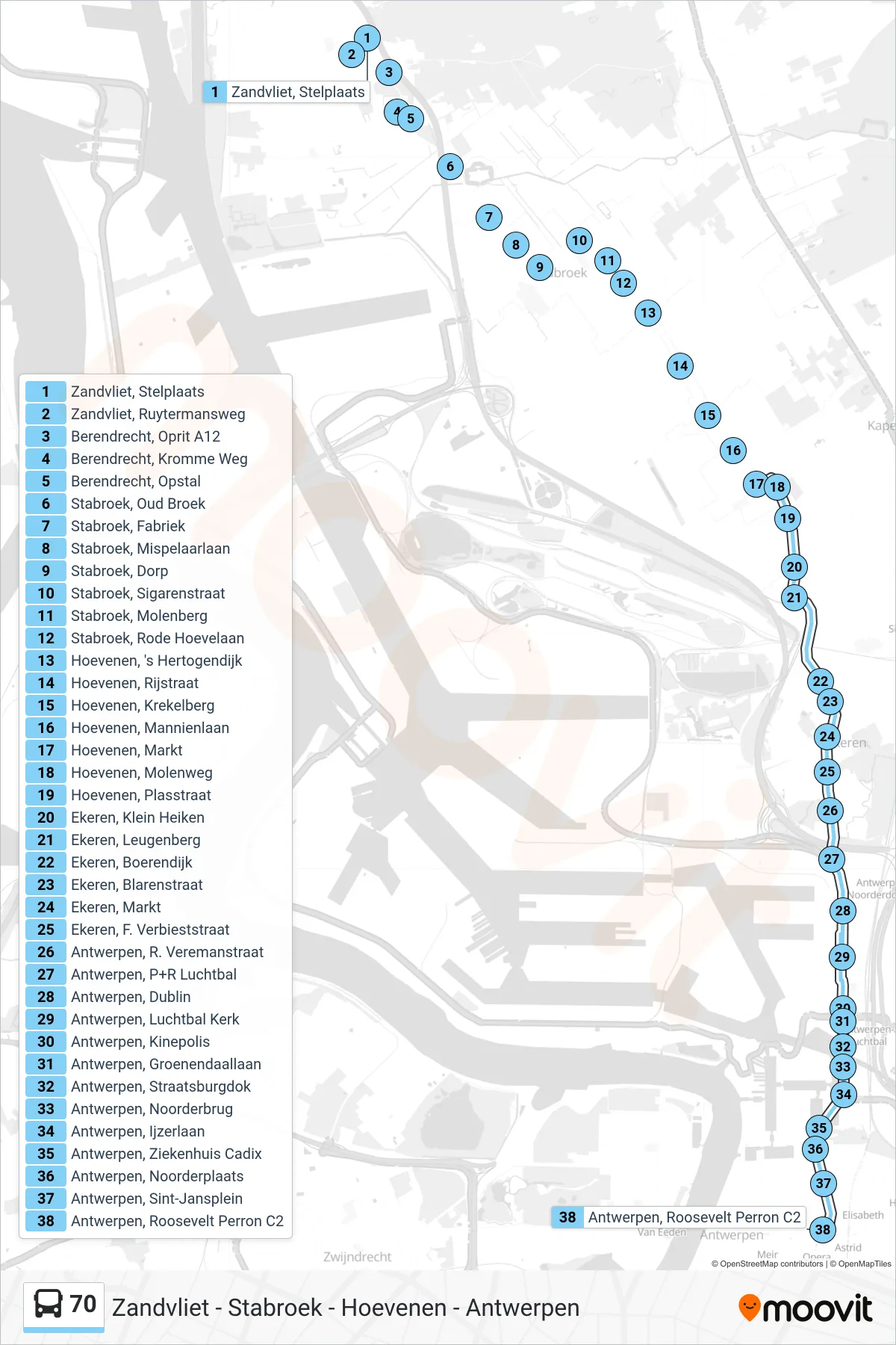 Lijn 70 (bus, Antwerpen Roosevelt Perron C2): route en haltes op de kaart