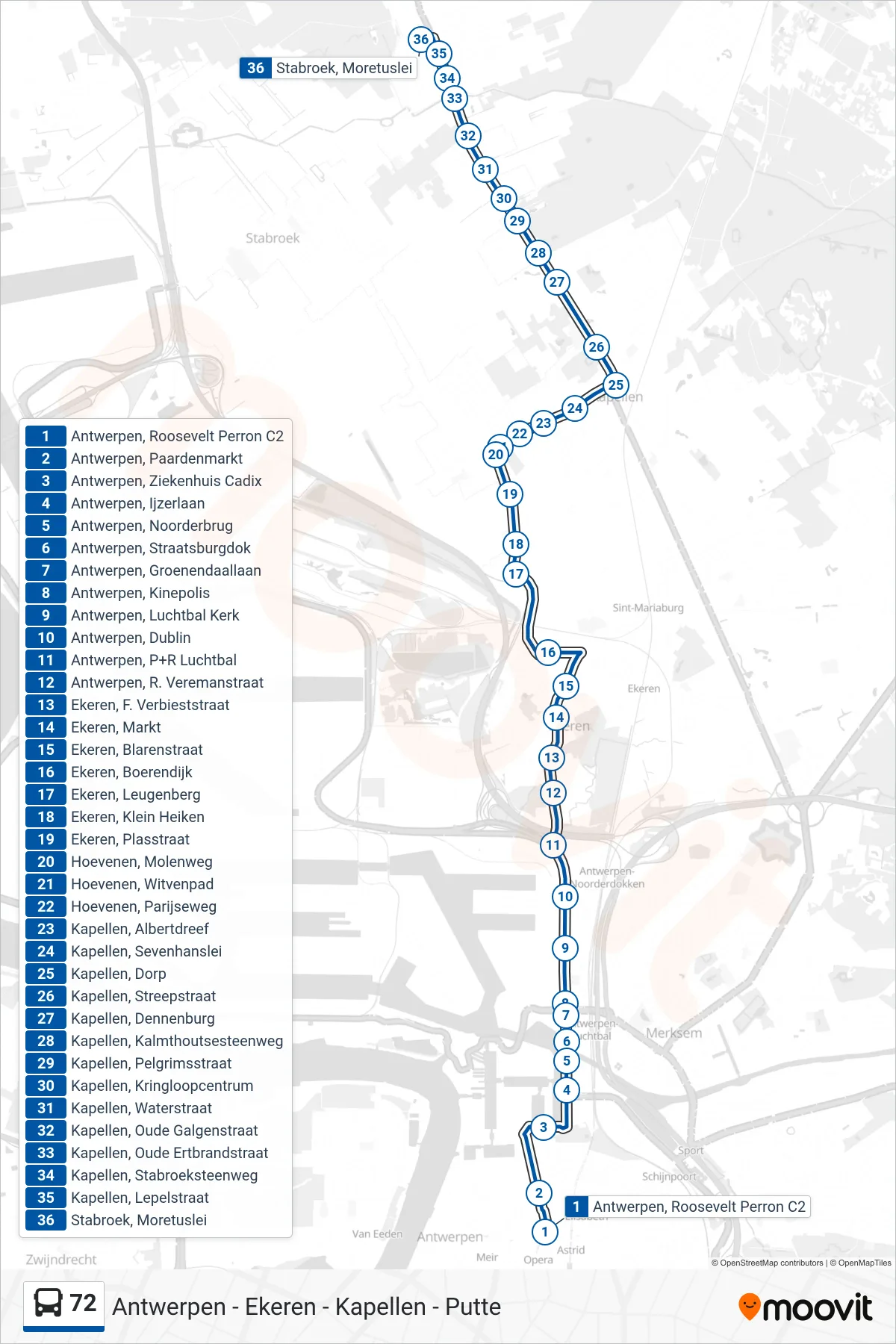 Lijn 72 (bus, Stabroek Moretuslei): route en haltes op de kaart