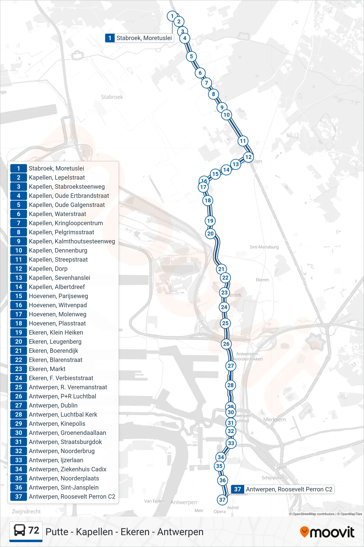 Lijn 72 (bus, Antwerpen Roosevelt Perron C2): route en haltes op de kaart