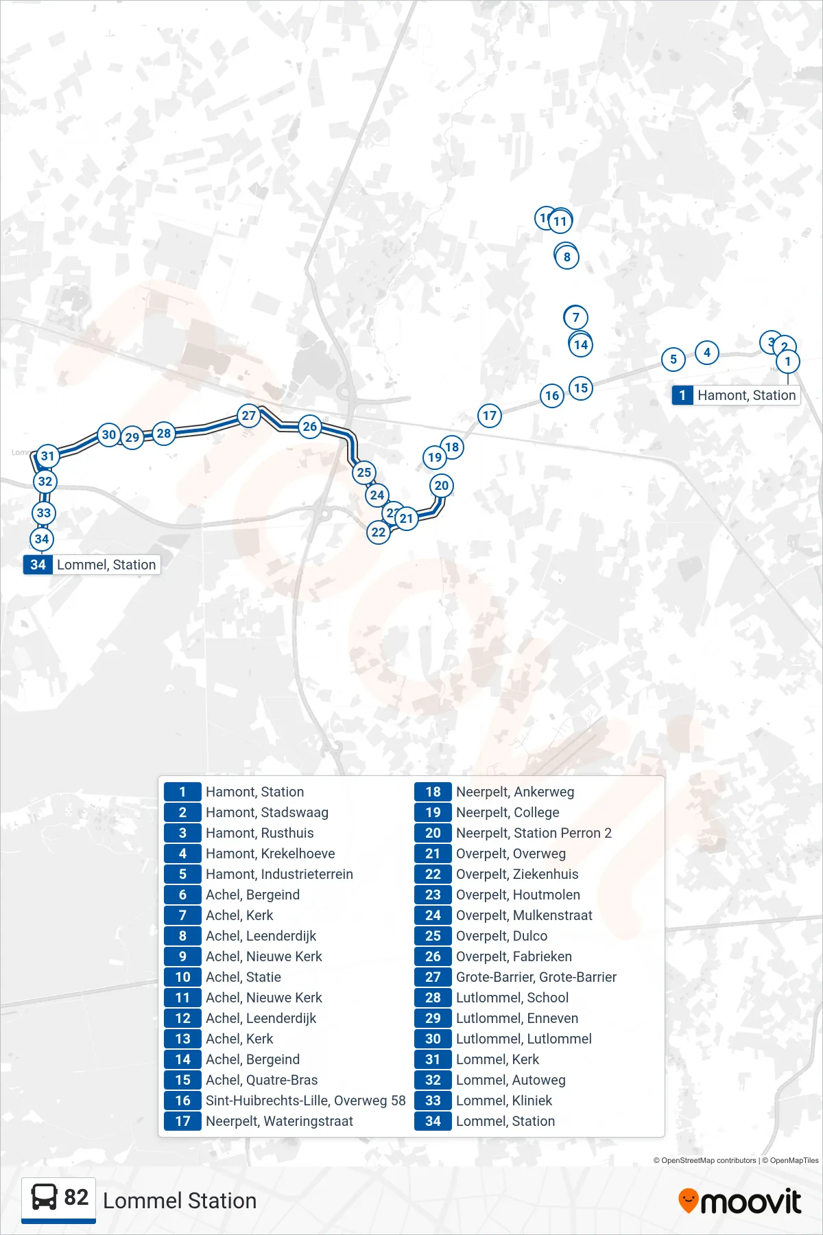 Lijn 82 (bus, Lommel Station): route en haltes op de kaart