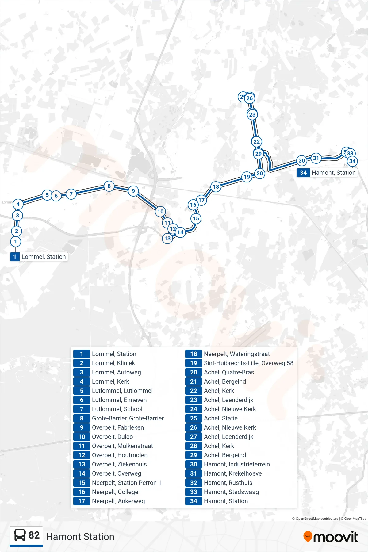 Lijn 82 (bus, Hamont Station): route en haltes op de kaart