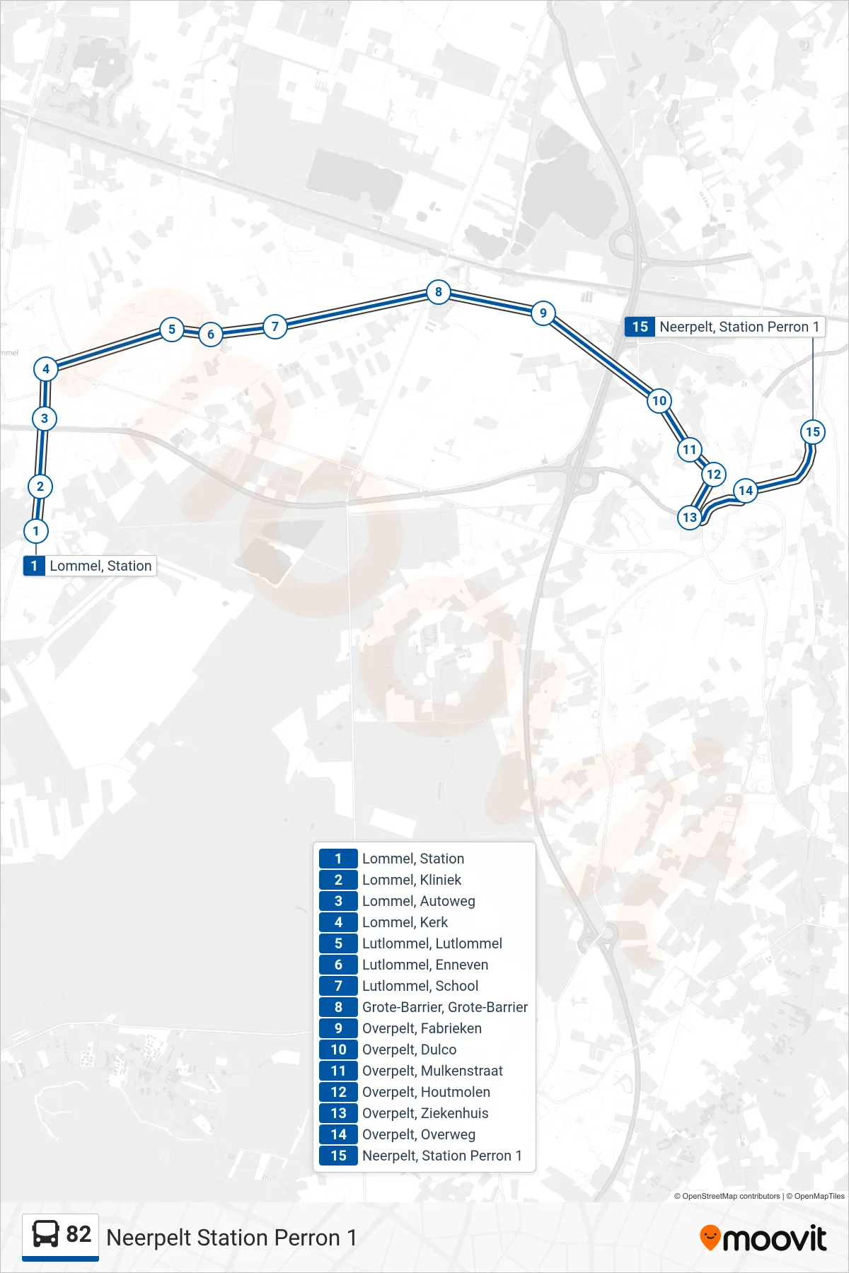 82 bus Line (Neerpelt Station Perron 1) route and stops on a map