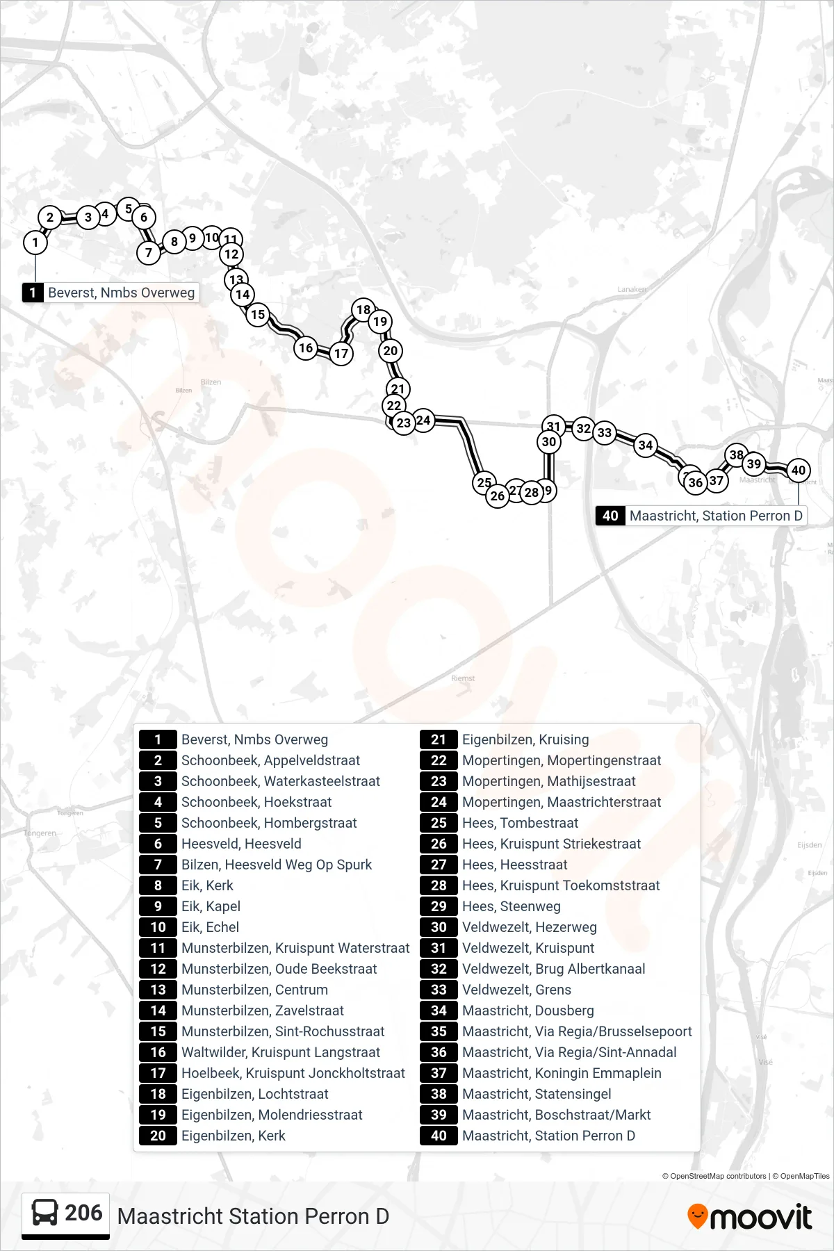 Lijn 206 (bus, Maastricht Station Perron D): route en haltes op de kaart