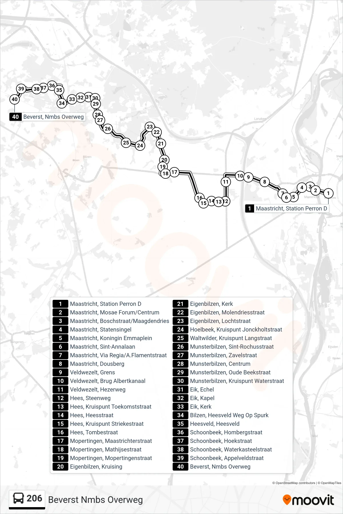 Lijn 206 (bus, Beverst Nmbs Overweg): route en haltes op de kaart
