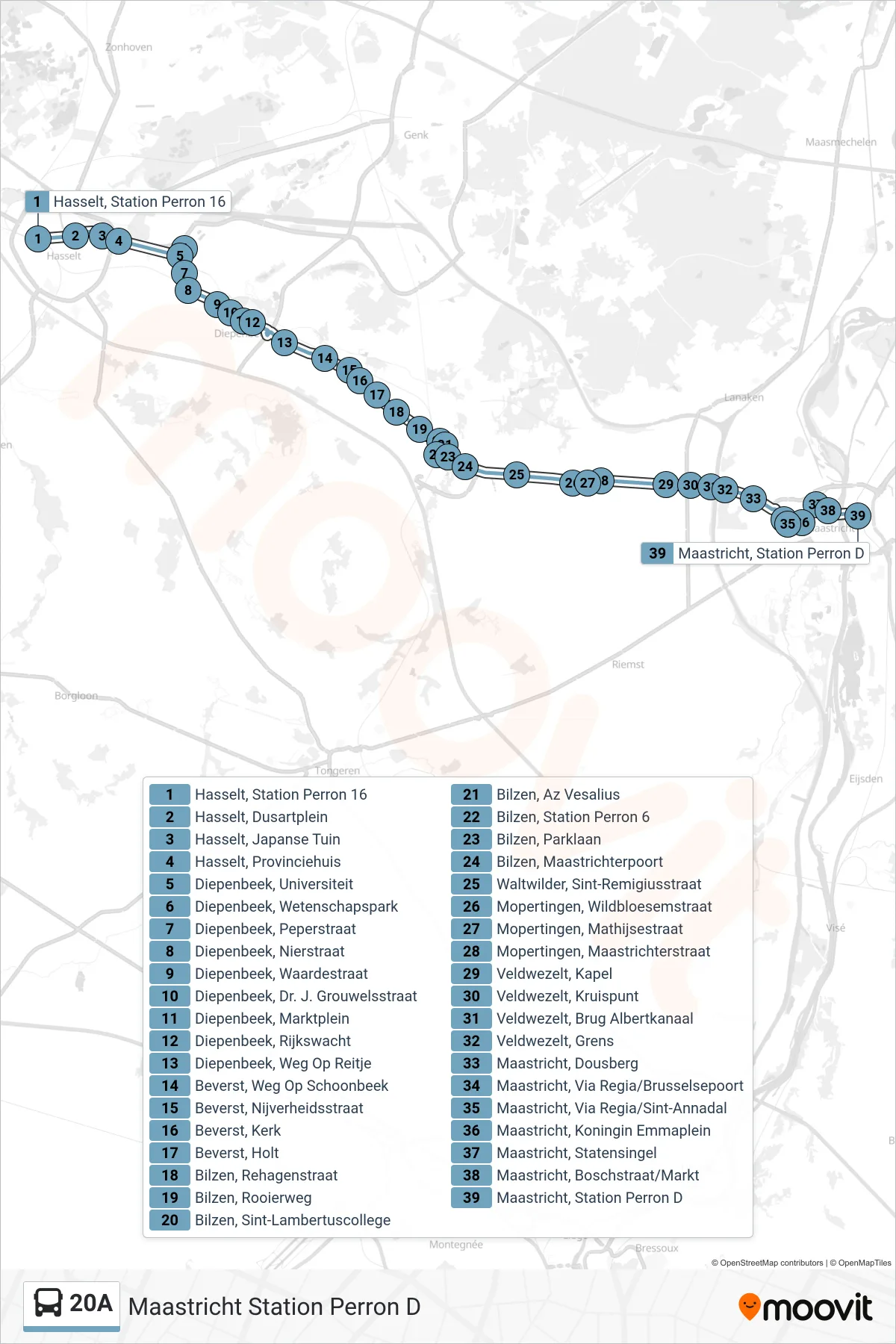 Lijn 20A (bus, Maastricht Station Perron D): route en haltes op de kaart