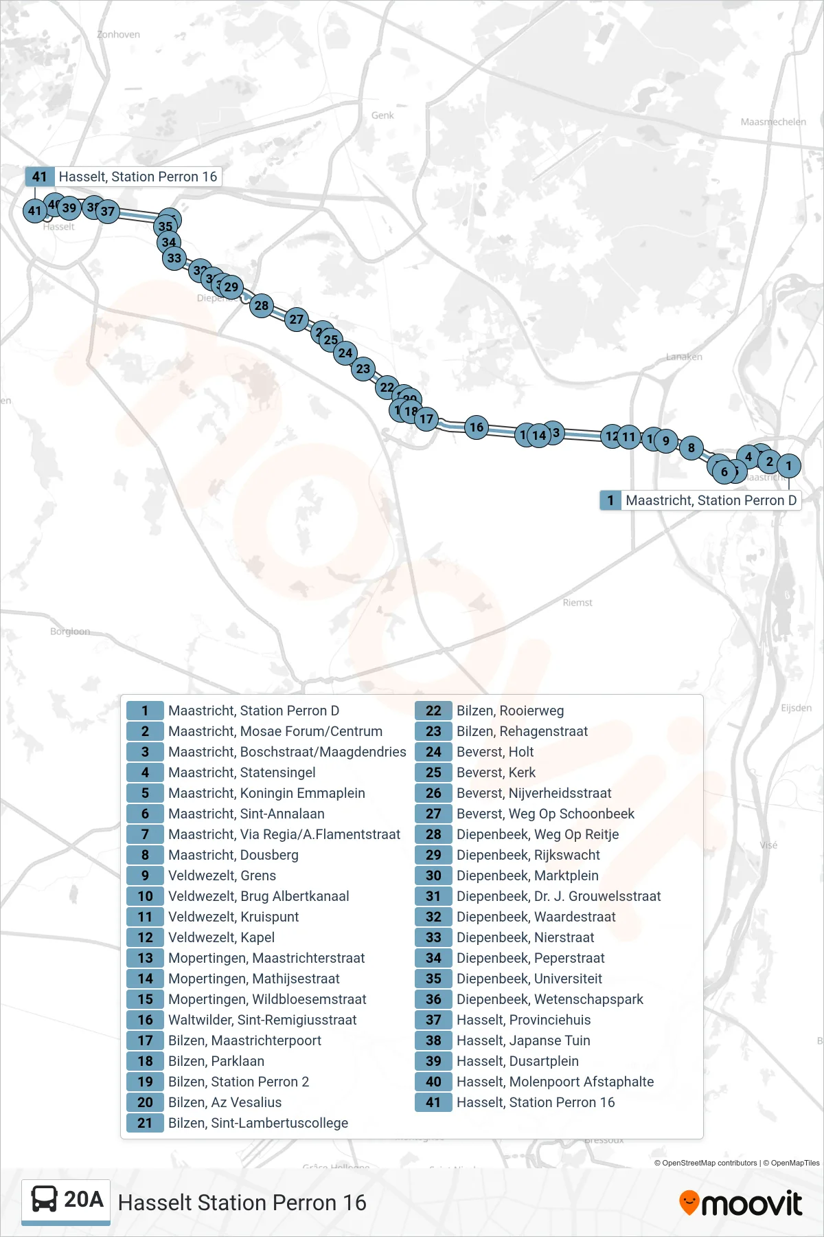 Lijn 20A (bus, Hasselt Station Perron 16): route en haltes op de kaart