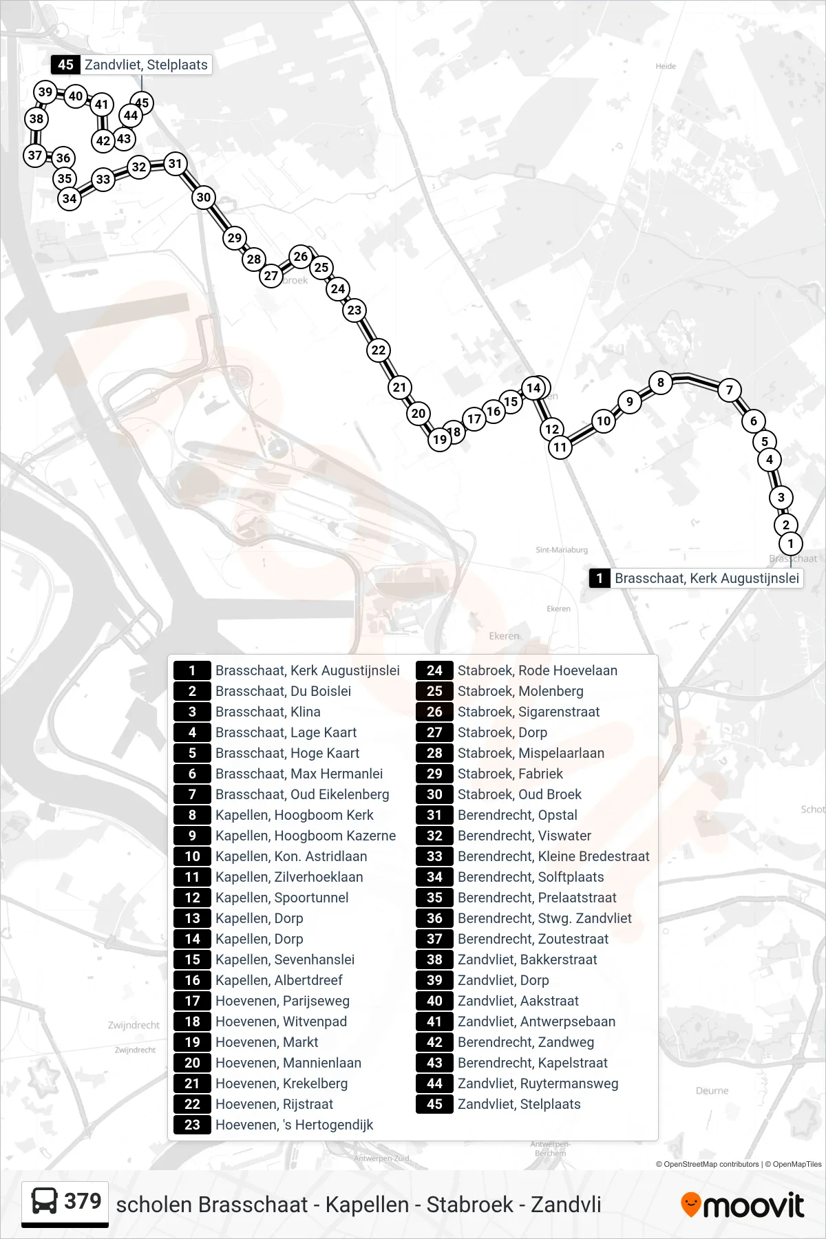 Lijn 379 (bus, Zandvliet Stelplaats): route en haltes op de kaart